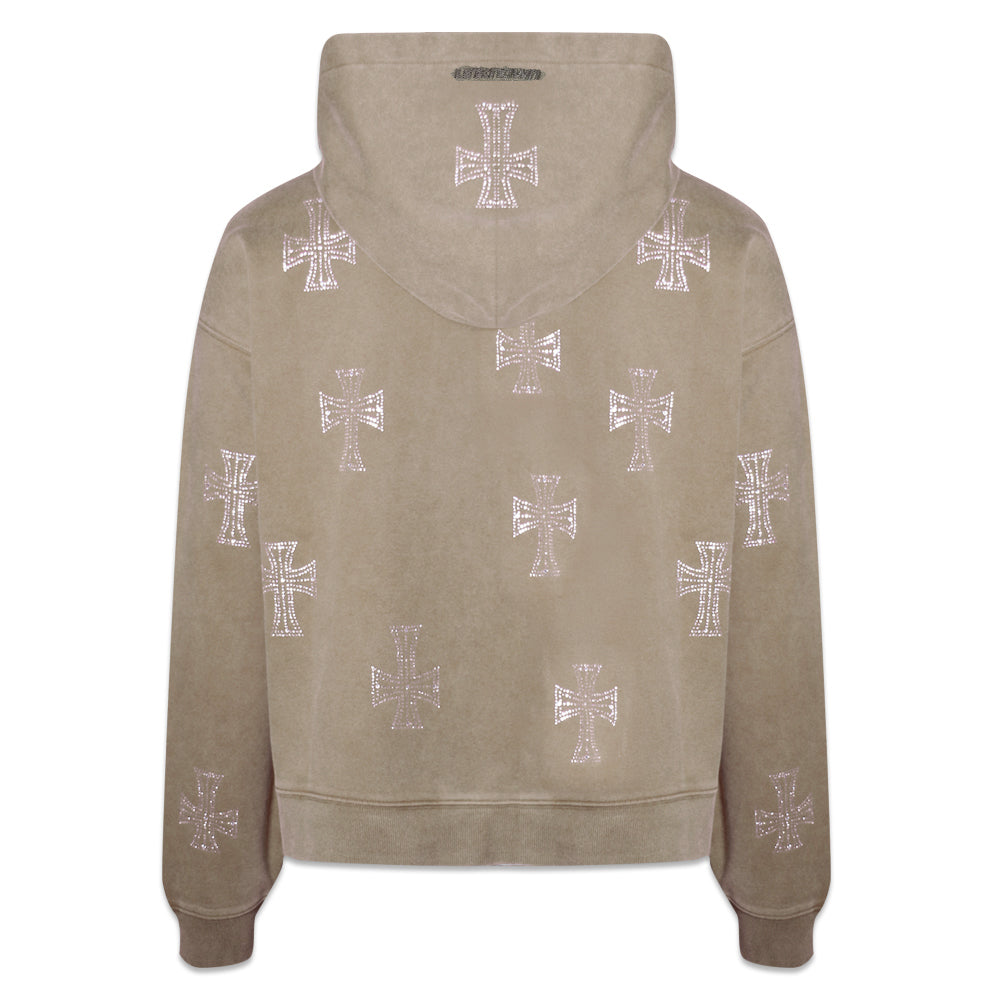 Outline Cross Rhinestone Zip Hoodie