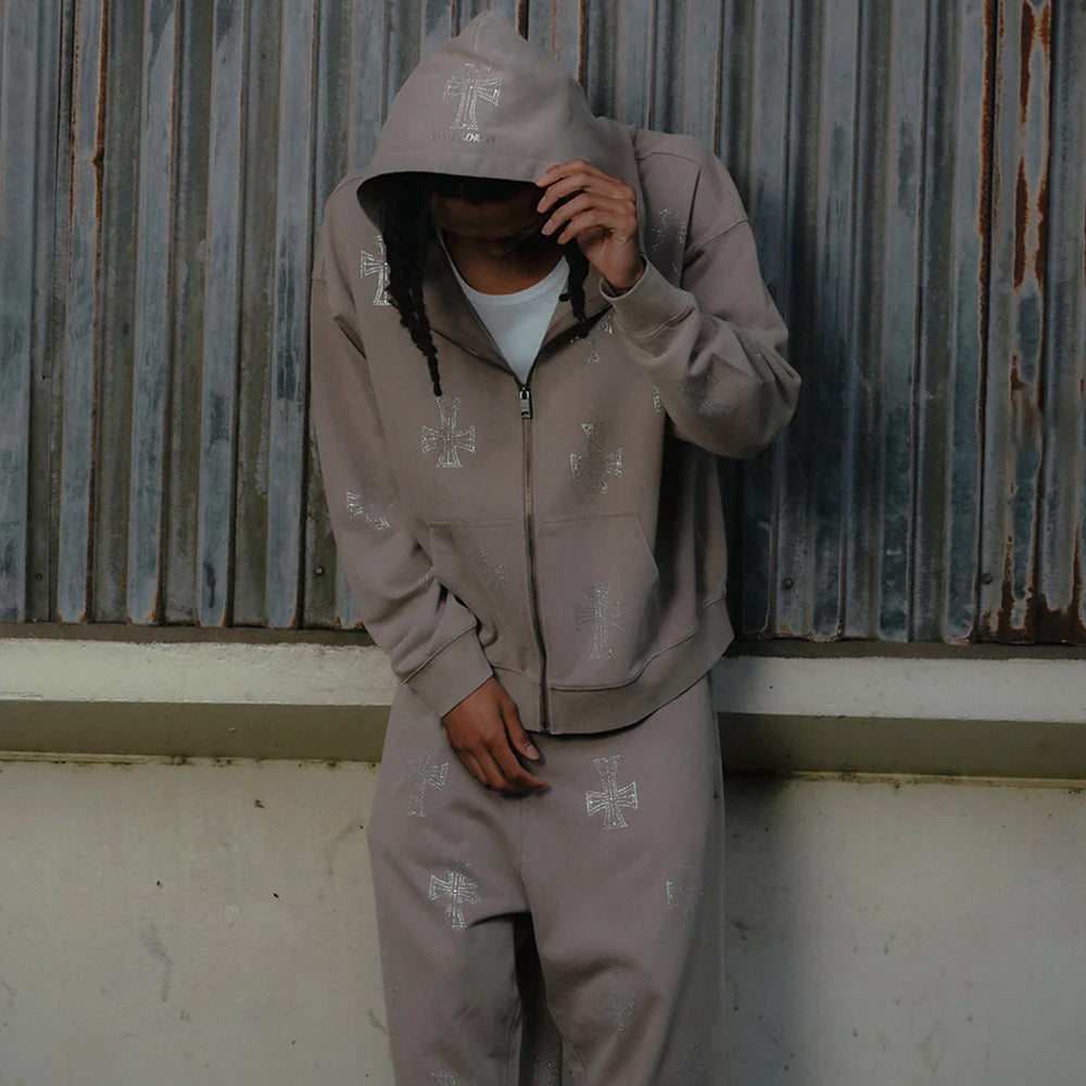 Outline Cross Rhinestone Zip Hoodie