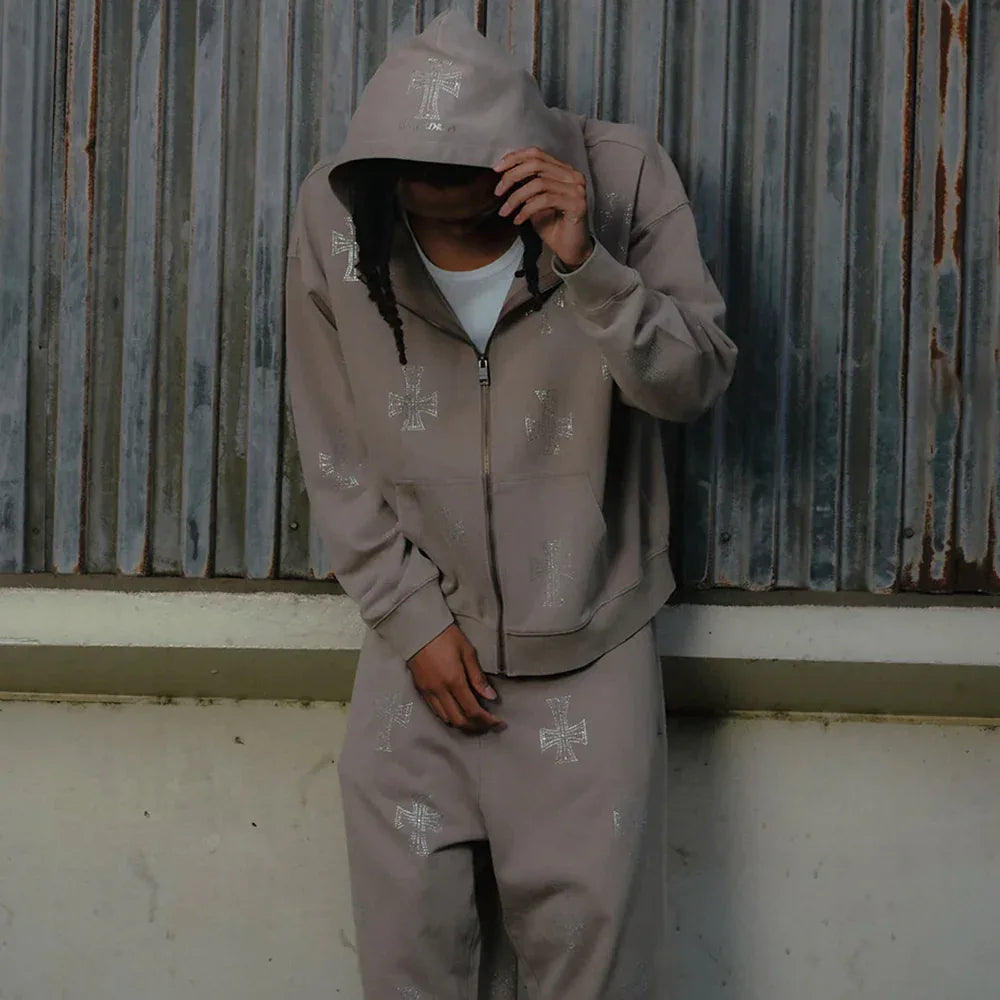 Outline Cross Rhinestone Zip Hoodie - UNKNOWN LONDON - VENTURER