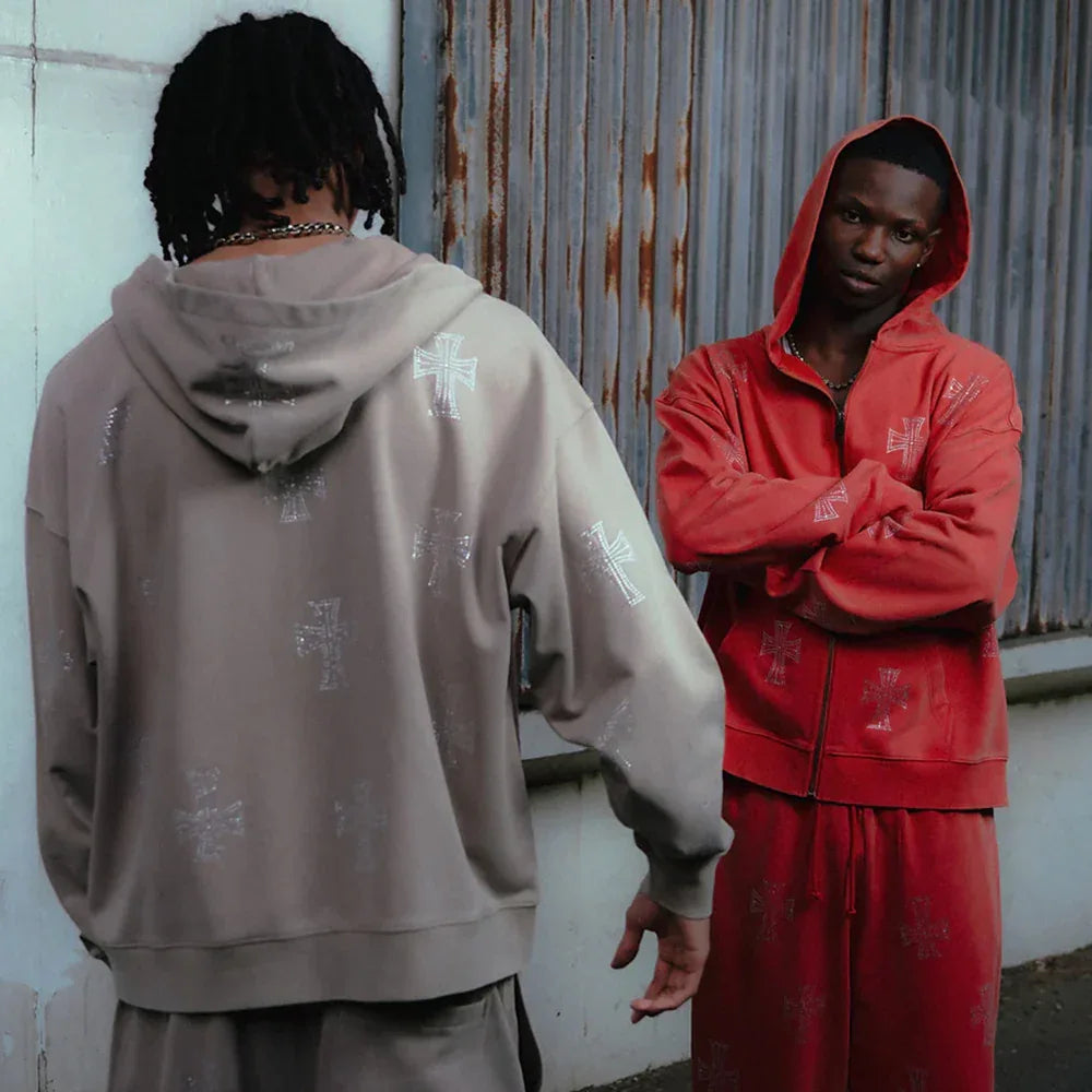 Outline Cross Rhinestone Zip Hoodie - UNKNOWN LONDON - VENTURER