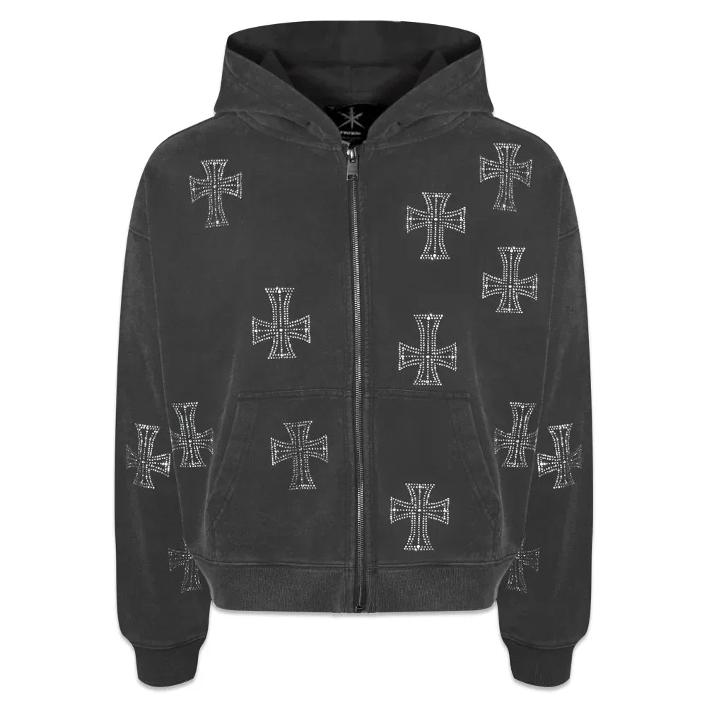 Outline Cross Rhinestone Zip Hoodie - UNKNOWN LONDON - VENTURER
