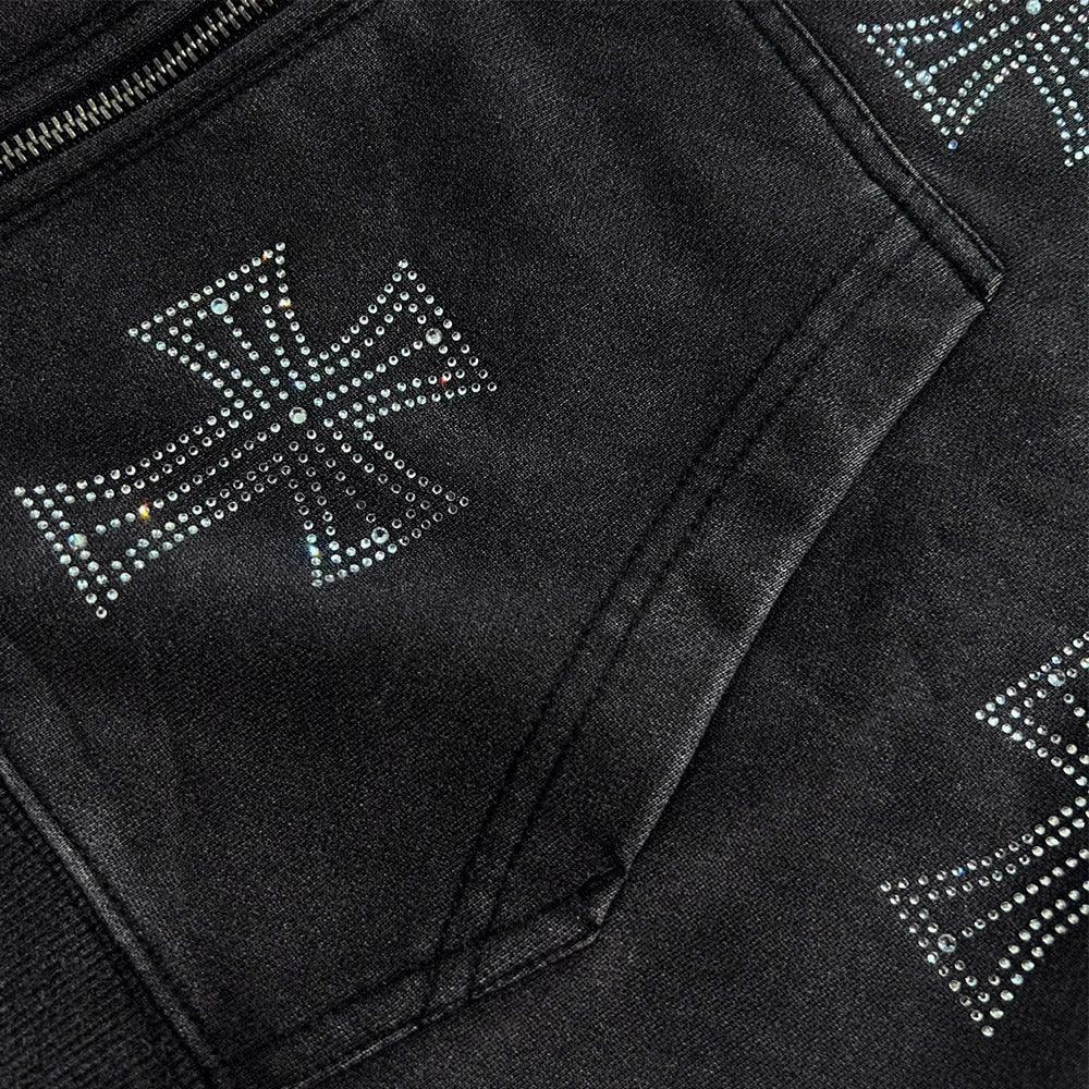 Outline Cross Rhinestone Zip Hoodie - UNKNOWN LONDON - VENTURER