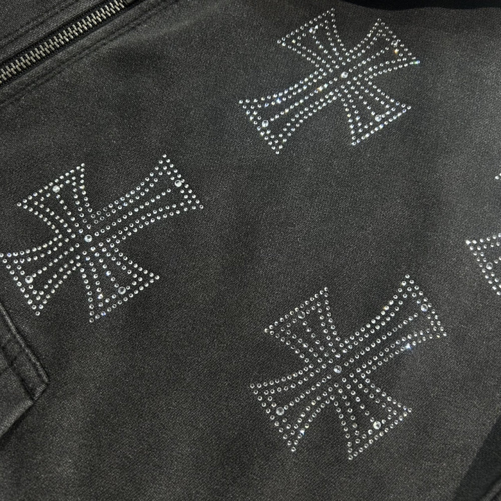 Outline Cross Rhinestone Zip Hoodie