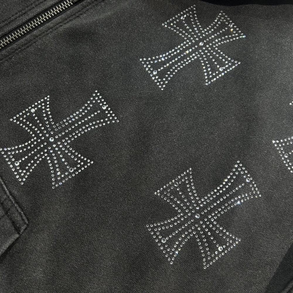 Outline Cross Rhinestone Zip Hoodie - UNKNOWN LONDON - VENTURER