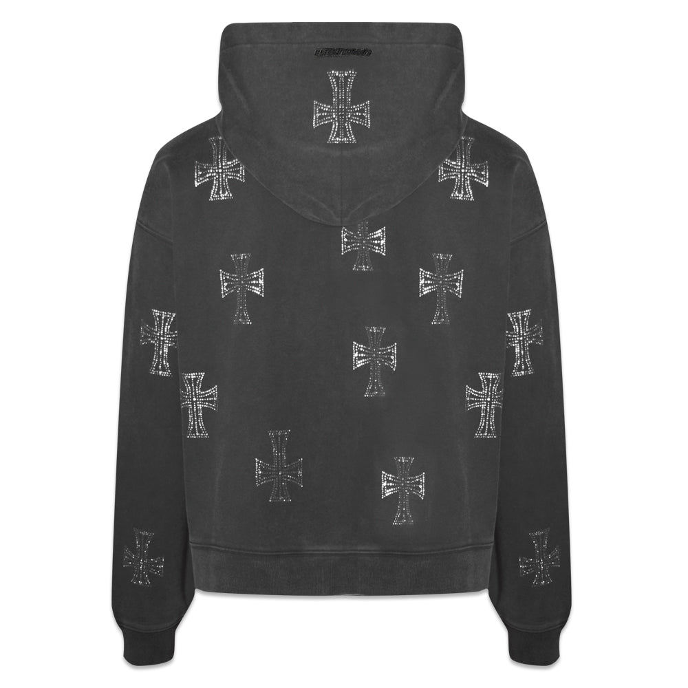 Outline Cross Rhinestone Zip Hoodie