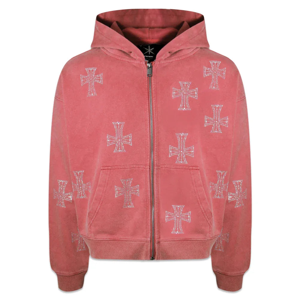 Outline Cross Rhinestone Zip Hoodie - UNKNOWN LONDON - VENTURER