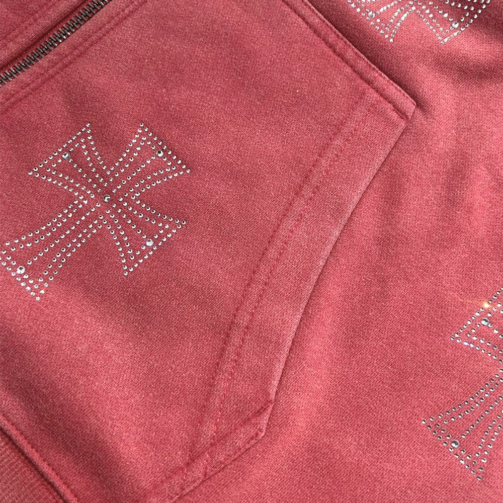 Outline Cross Rhinestone Zip Hoodie