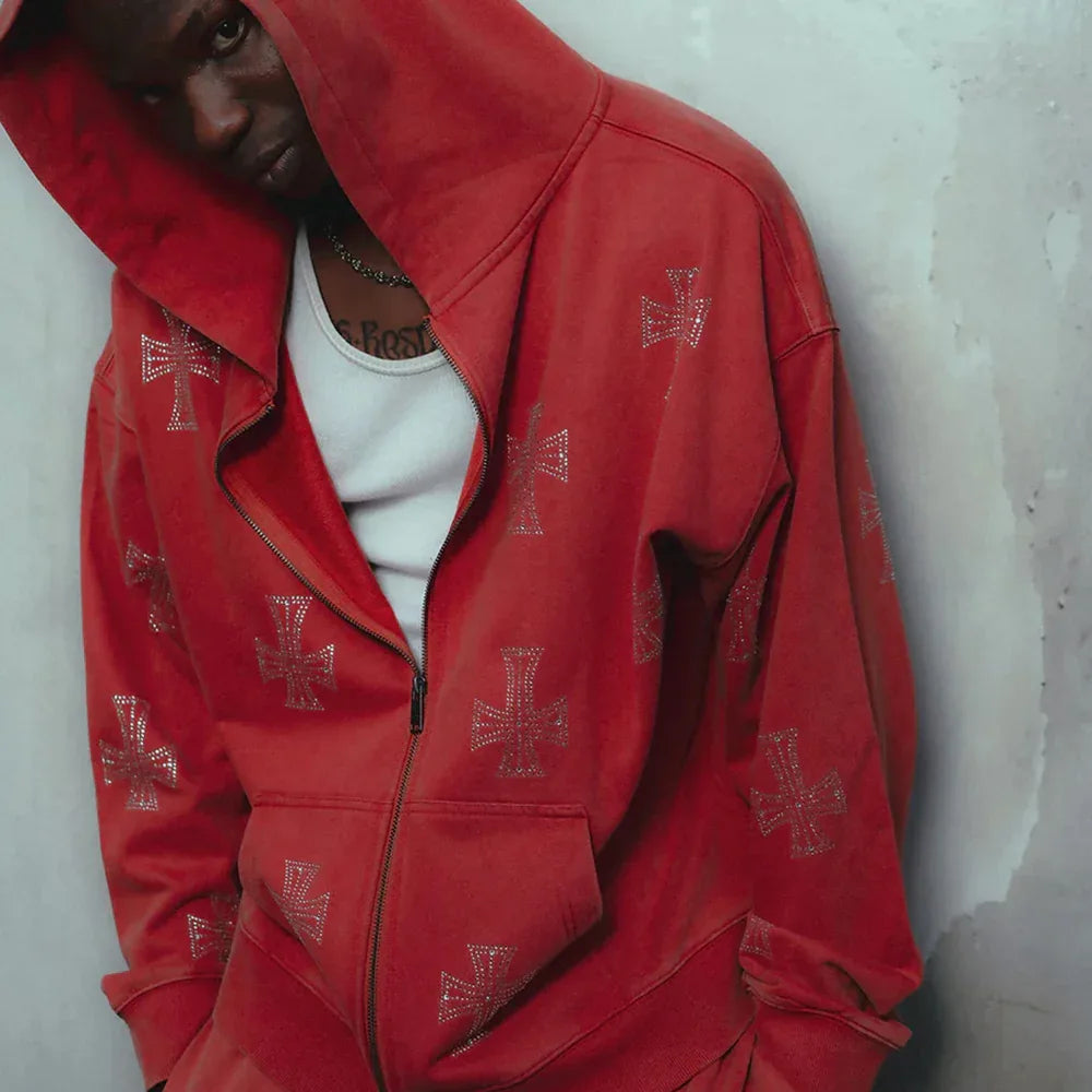 Outline Cross Rhinestone Zip Hoodie - UNKNOWN LONDON - VENTURER
