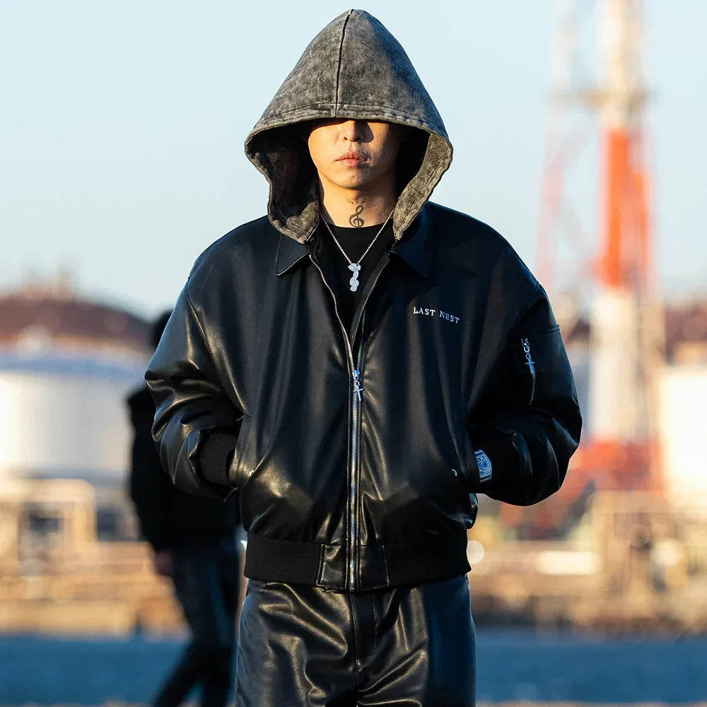 Hooded Faux Leather Flight Jacket - LAST NEST - VENTURER