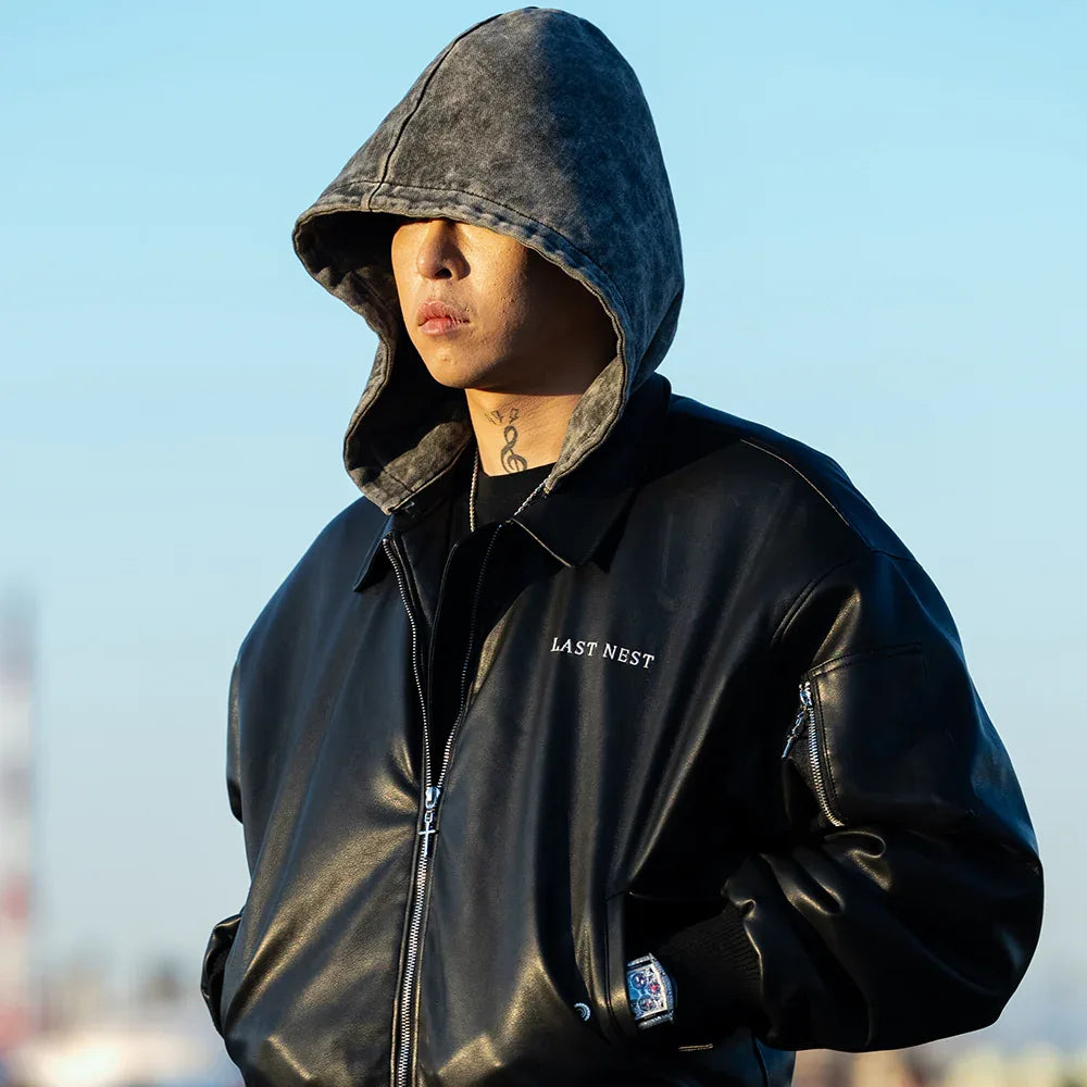 Hooded Faux Leather Flight Jacket - LAST NEST - VENTURER