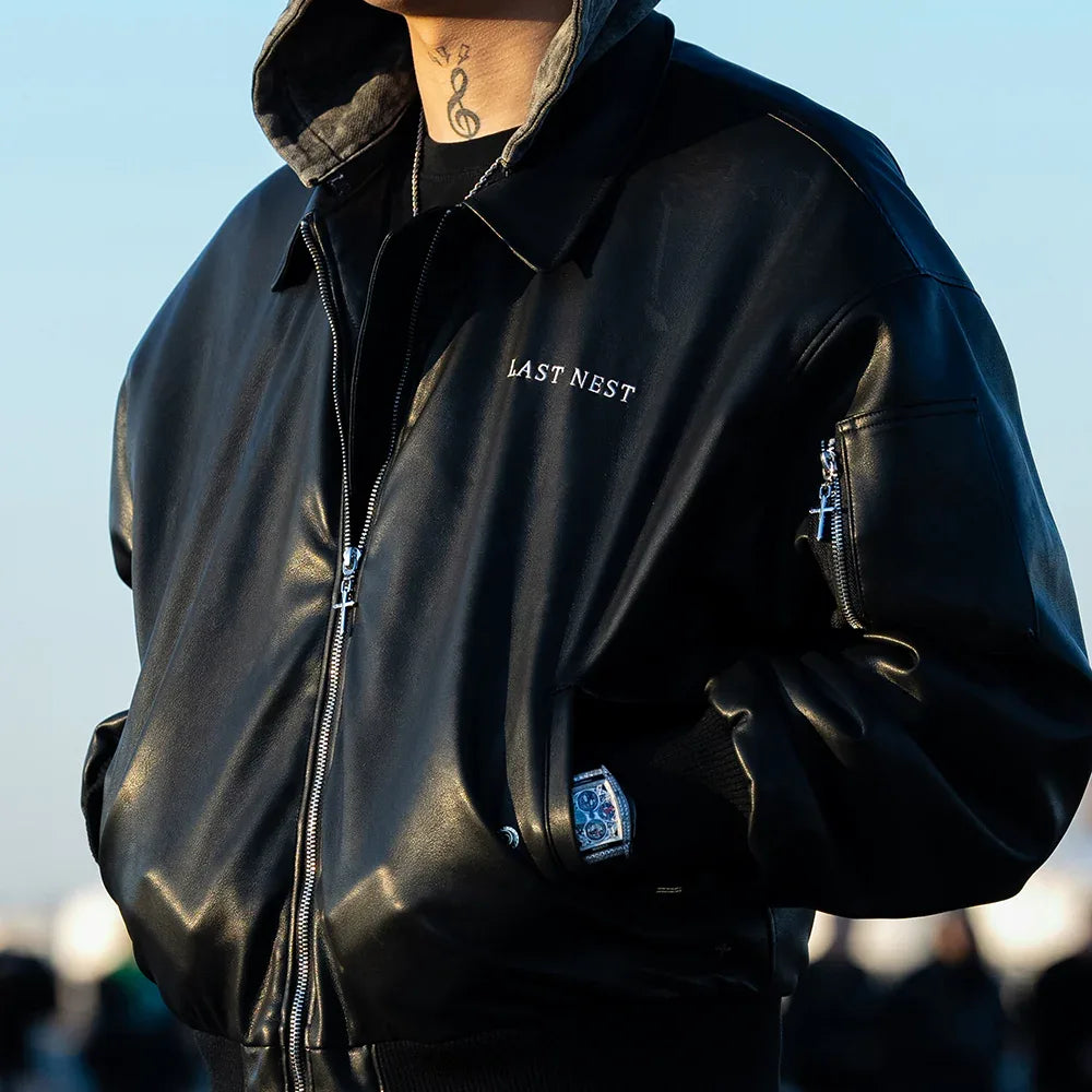 Hooded Faux Leather Flight Jacket - LAST NEST - VENTURER