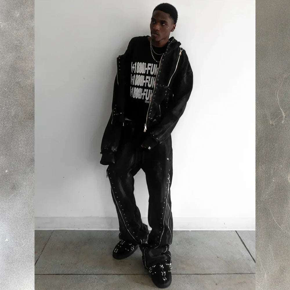 Black Diamond Triple Zip Flared Sweatpants - DEMIK EXCLUSIVES - VENTURER