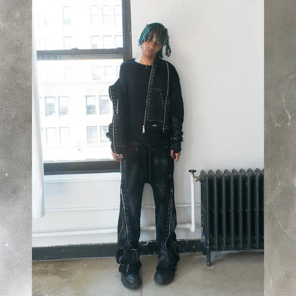 Black Diamond Triple Zip Flared Sweatpants - DEMIK EXCLUSIVES - VENTURER