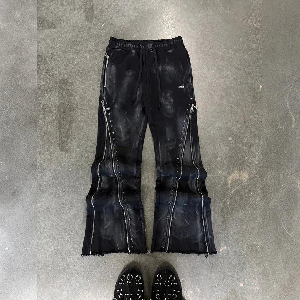 Black Diamond Triple Zip Flared Sweatpants - DEMIK EXCLUSIVES - VENTURER