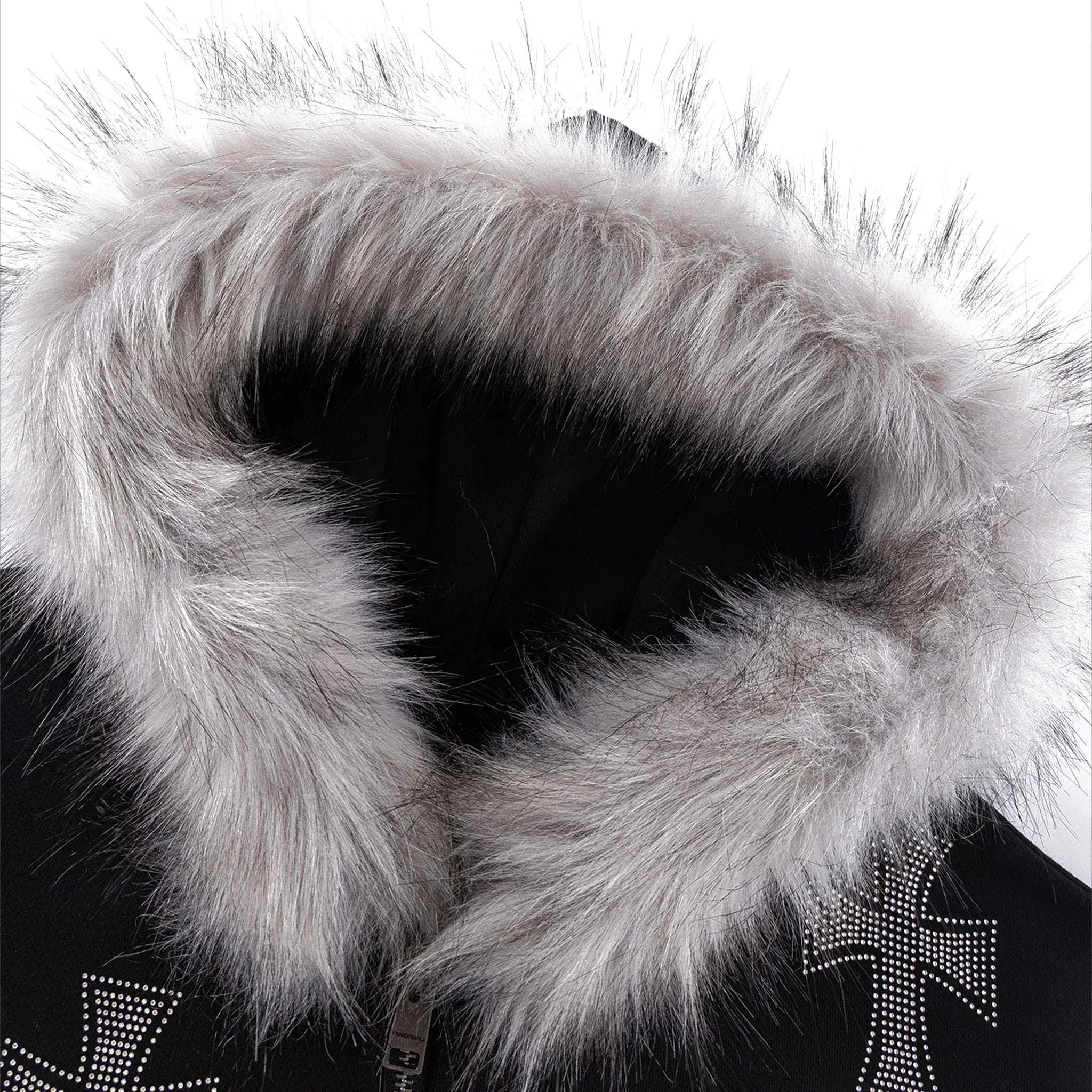 Cross Rhinestone Faux Fur Zip Hoodie - UNKNOWN LONDON - VENTURER