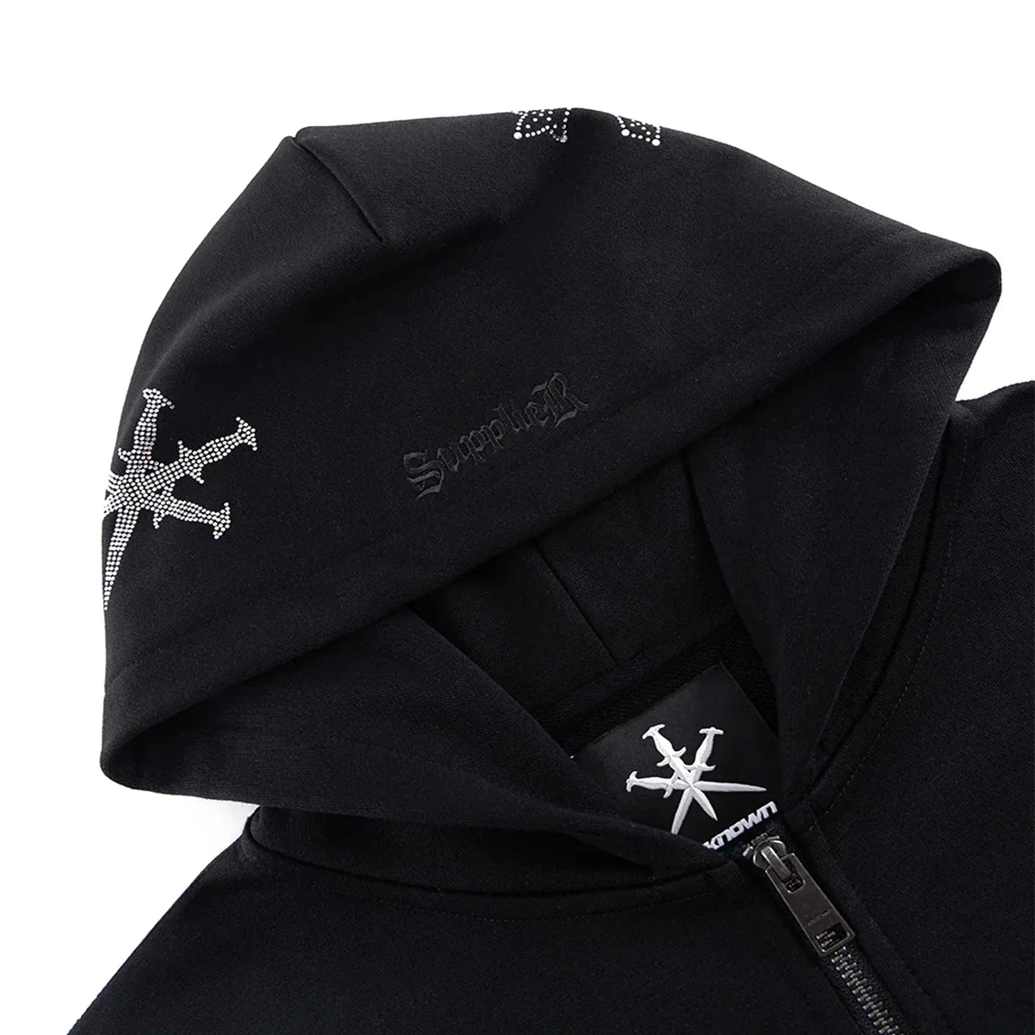 Dagger Cross Rhinestone Zip Hoodie - UNKNOWN LONDON - VENTURER