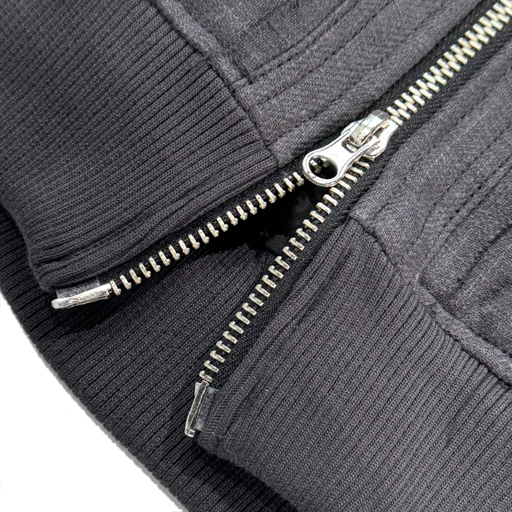 Destroyed Leather and Linen Hoodie Zip-up Jacket