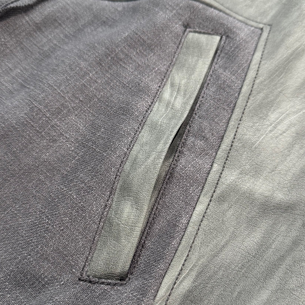 Destroyed Leather and Linen Hoodie Zip-up Jacket