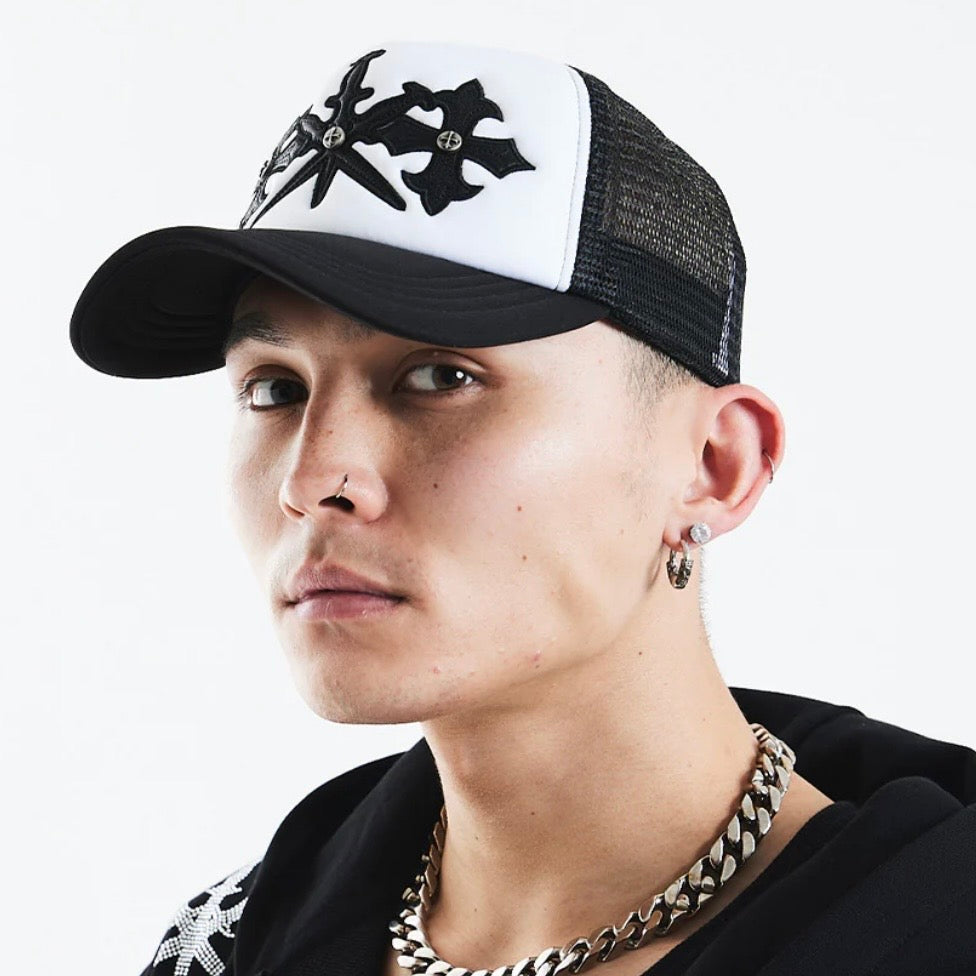 Dagger Cross Leather Patch Mesh Cap