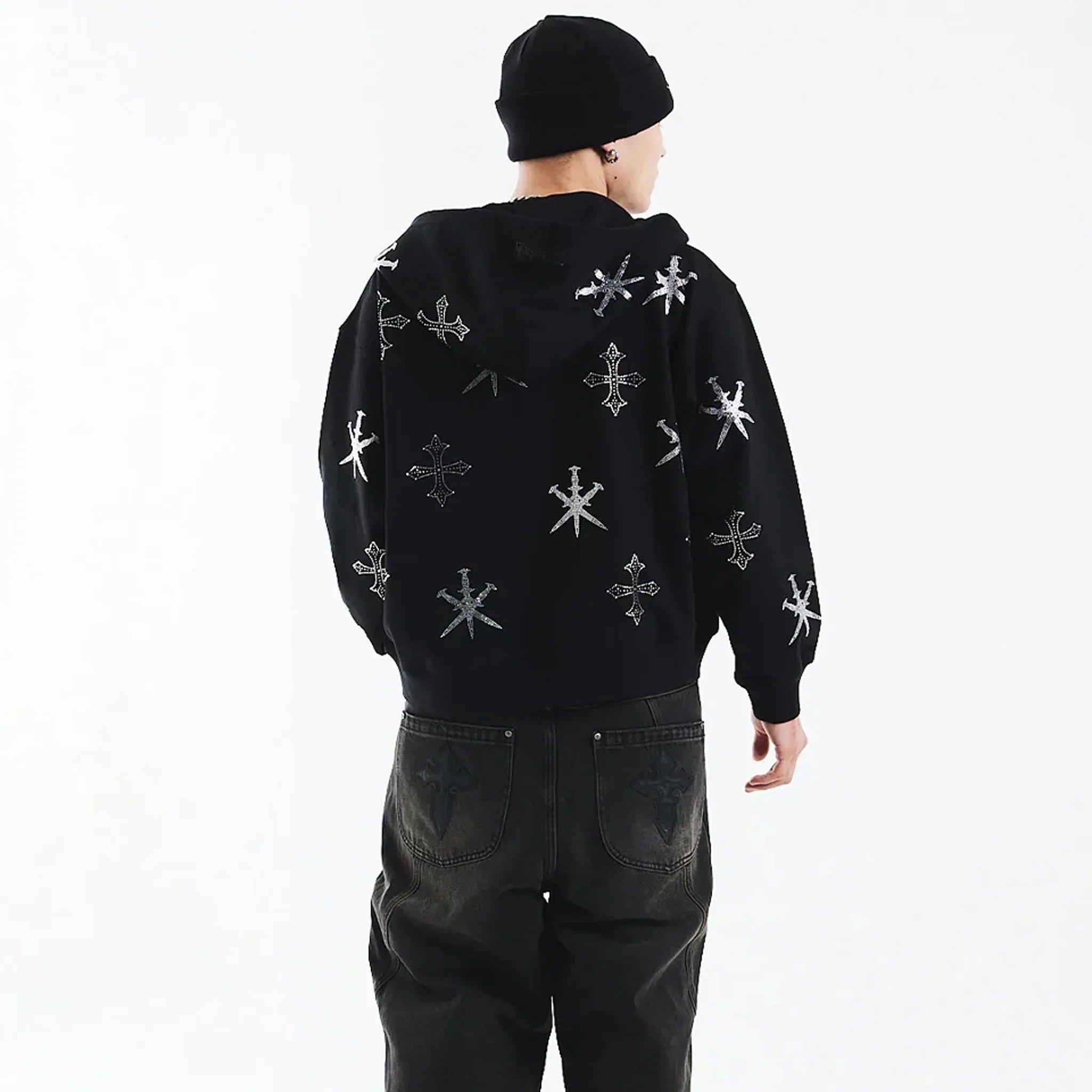 Dagger Cross Rhinestone Zip Hoodie - UNKNOWN LONDON - VENTURER
