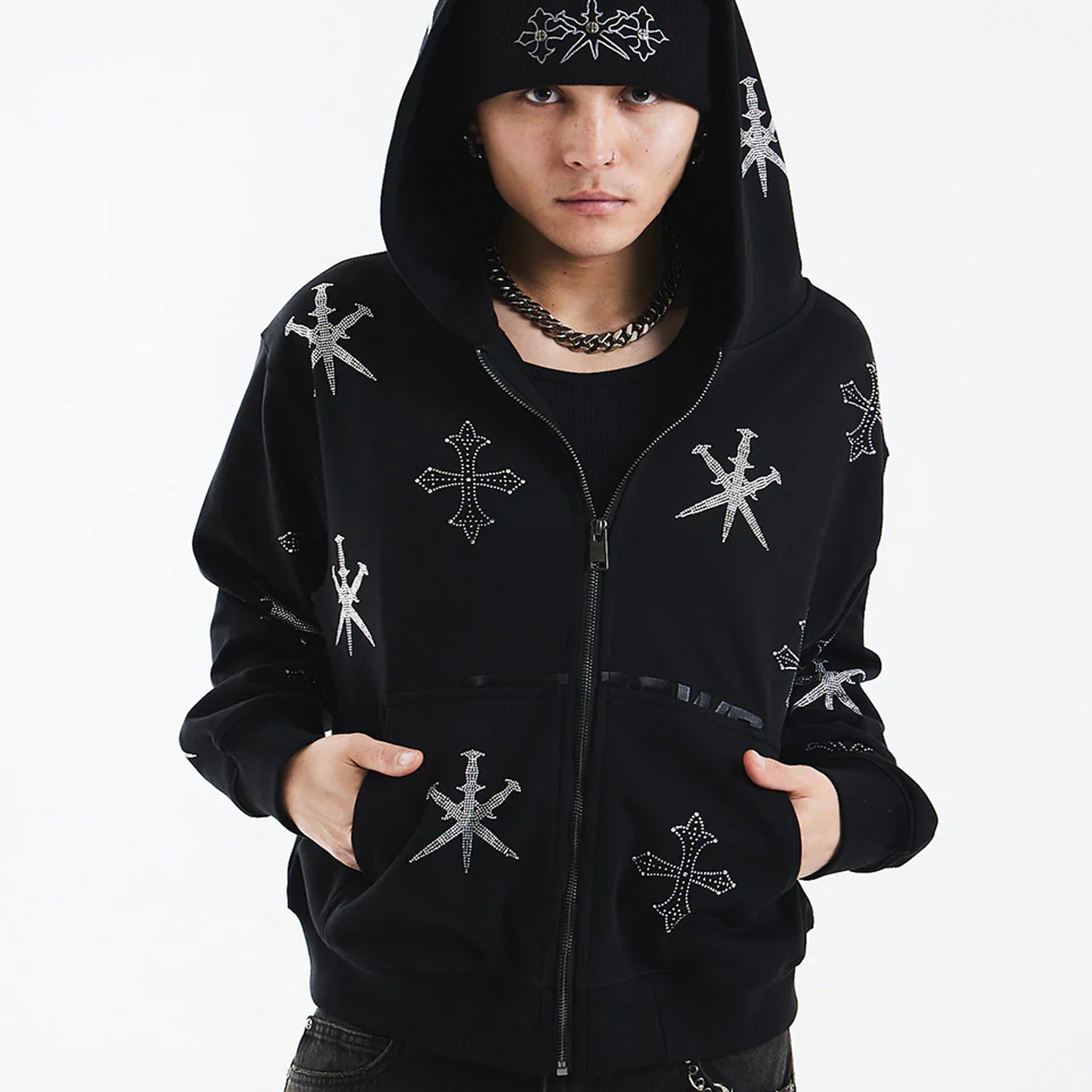 Dagger Cross Rhinestone Zip Hoodie