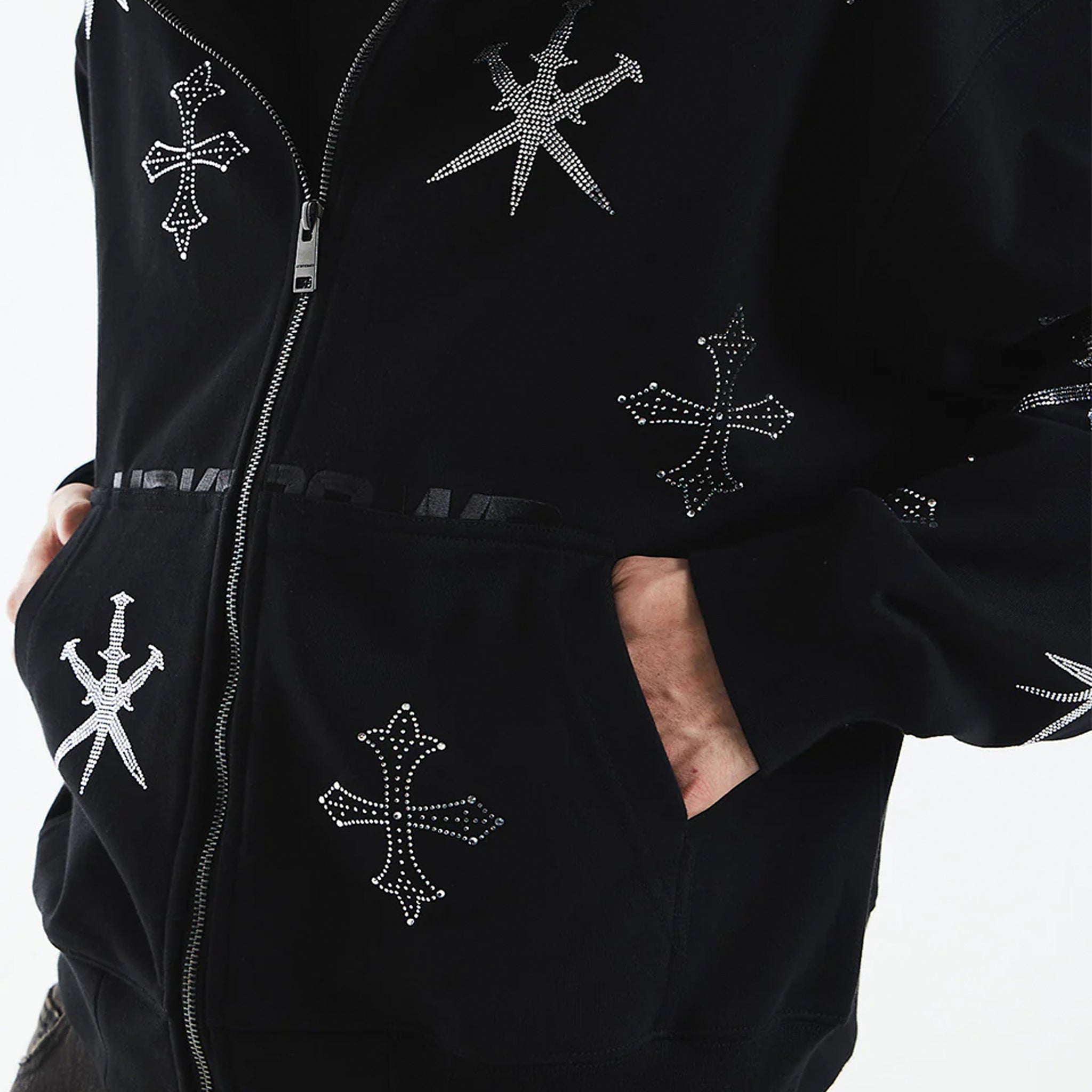 Dagger Cross Rhinestone Zip Hoodie