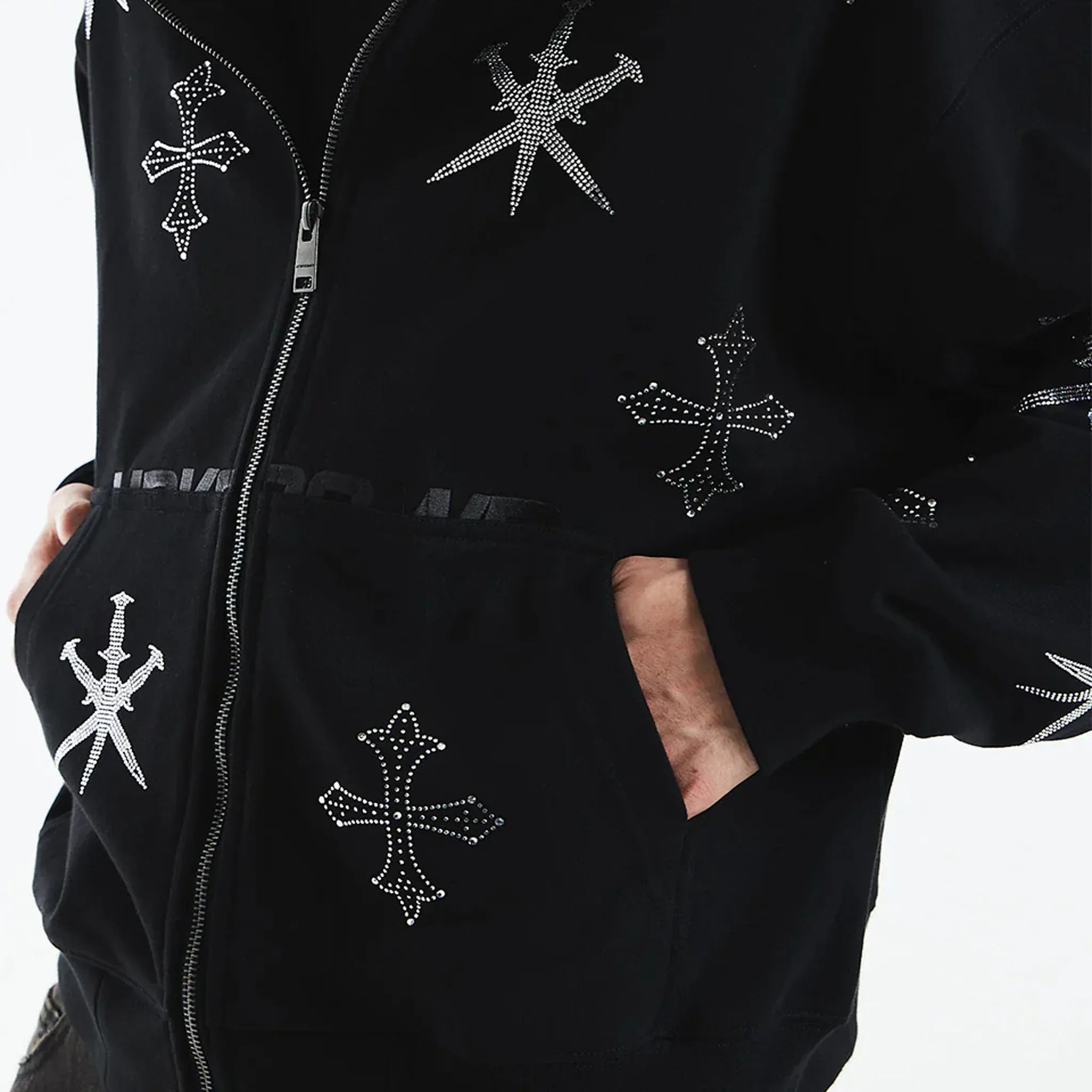Dagger Cross Rhinestone Zip Hoodie - UNKNOWN LONDON - VENTURER