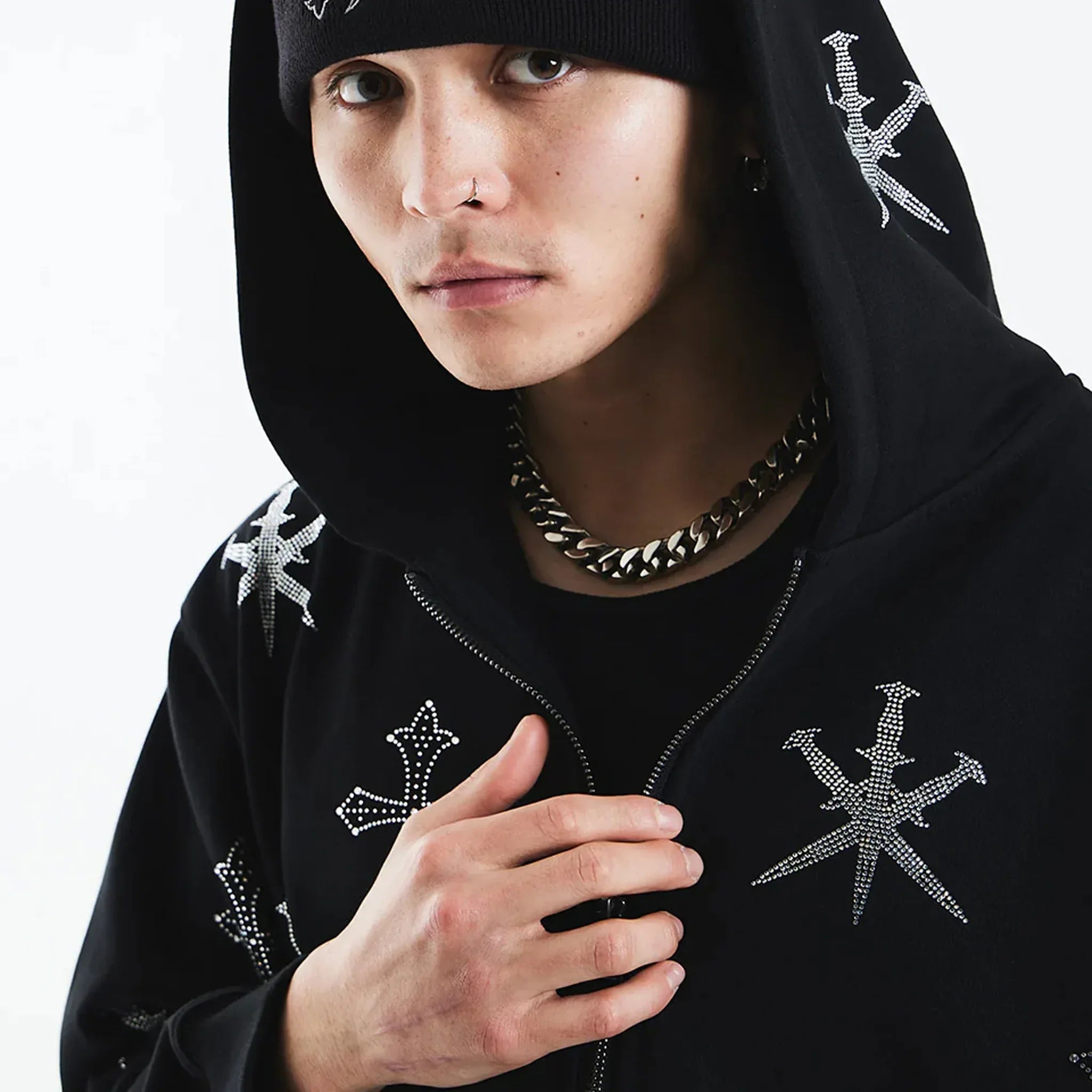 Dagger Cross Rhinestone Zip Hoodie - UNKNOWN LONDON - VENTURER