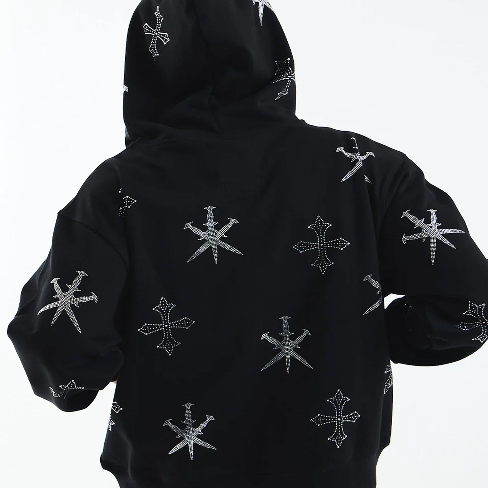 Dagger Cross Rhinestone Zip Hoodie