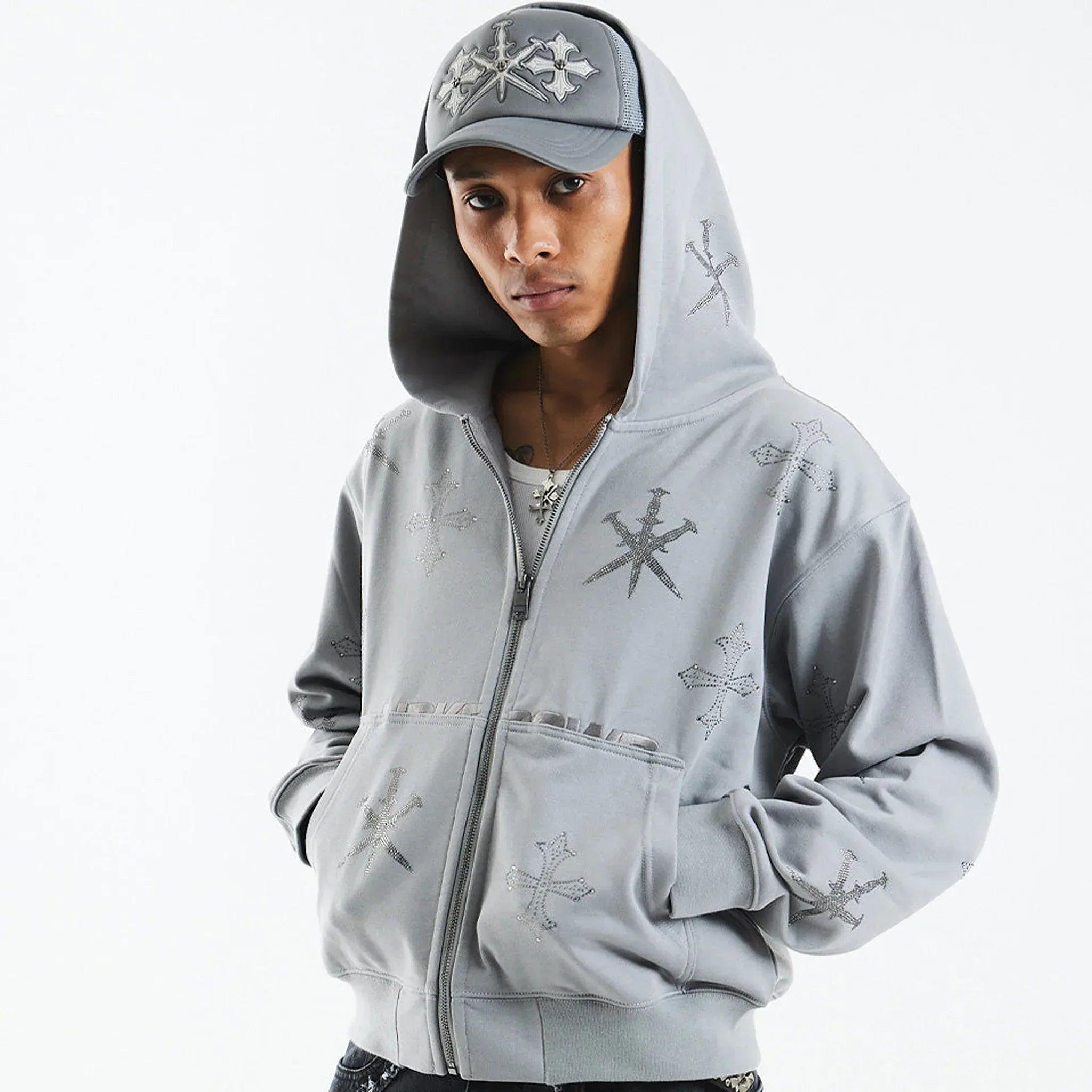 Dagger Cross Rhinestone Zip Hoodie - UNKNOWN LONDON - VENTURER