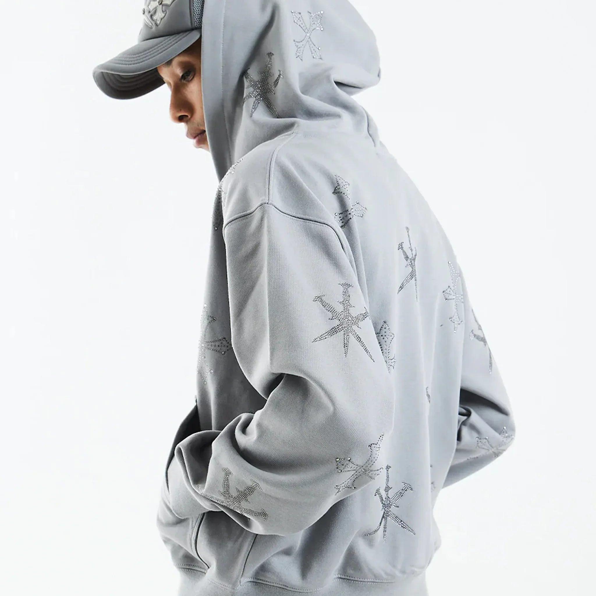 Dagger Cross Rhinestone Zip Hoodie - UNKNOWN LONDON - VENTURER
