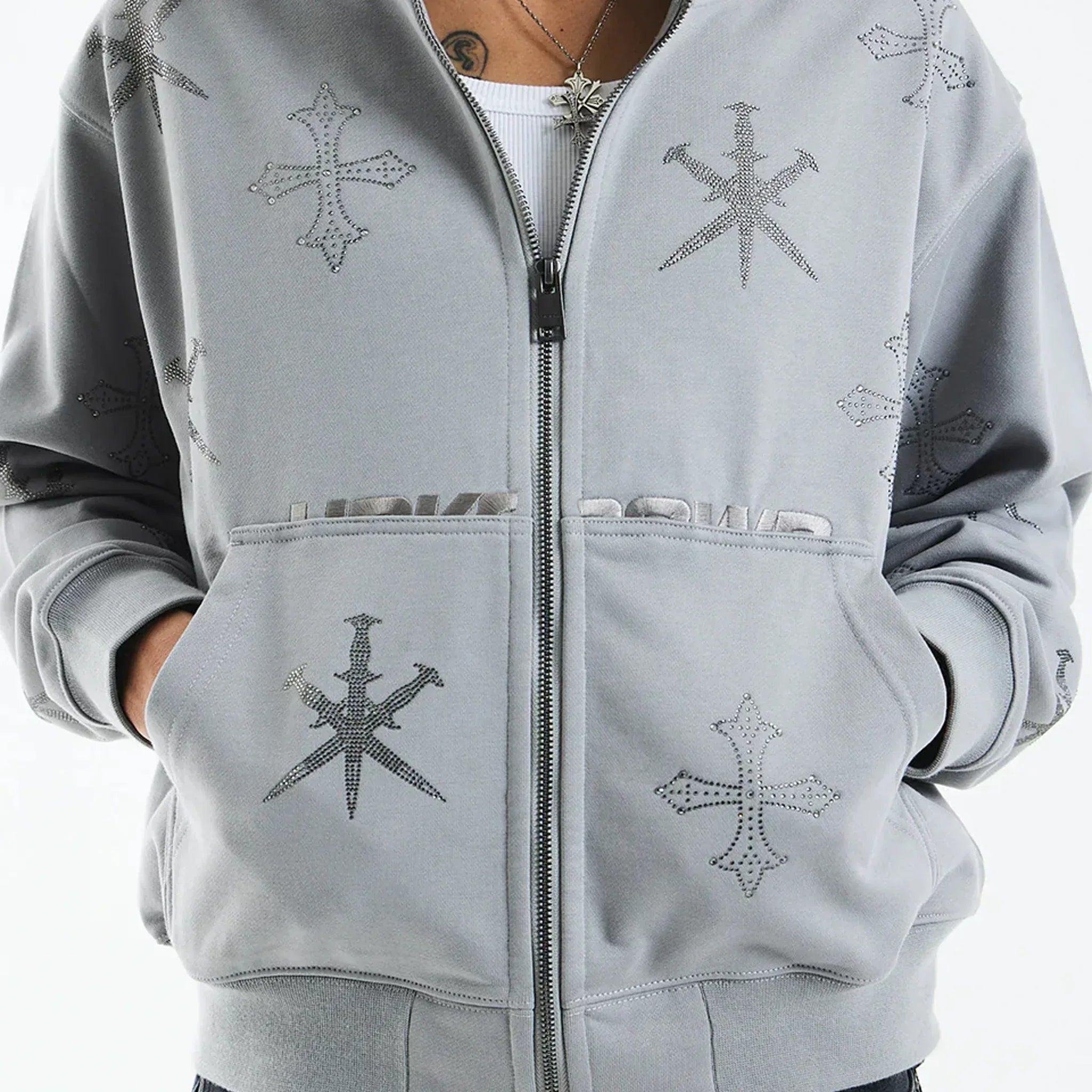 Dagger Cross Rhinestone Zip Hoodie - UNKNOWN LONDON - VENTURER