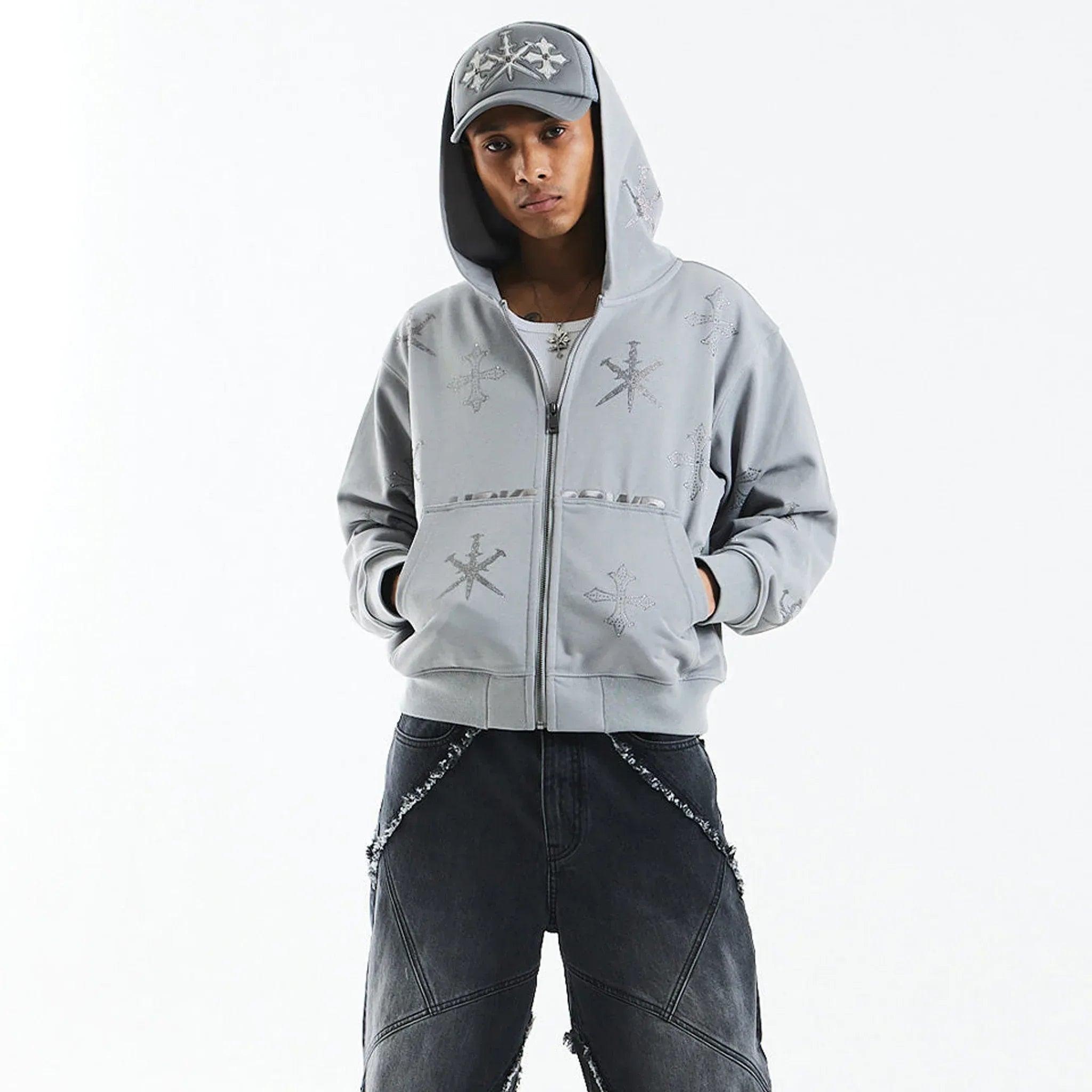 Dagger Cross Rhinestone Zip Hoodie - UNKNOWN LONDON - VENTURER