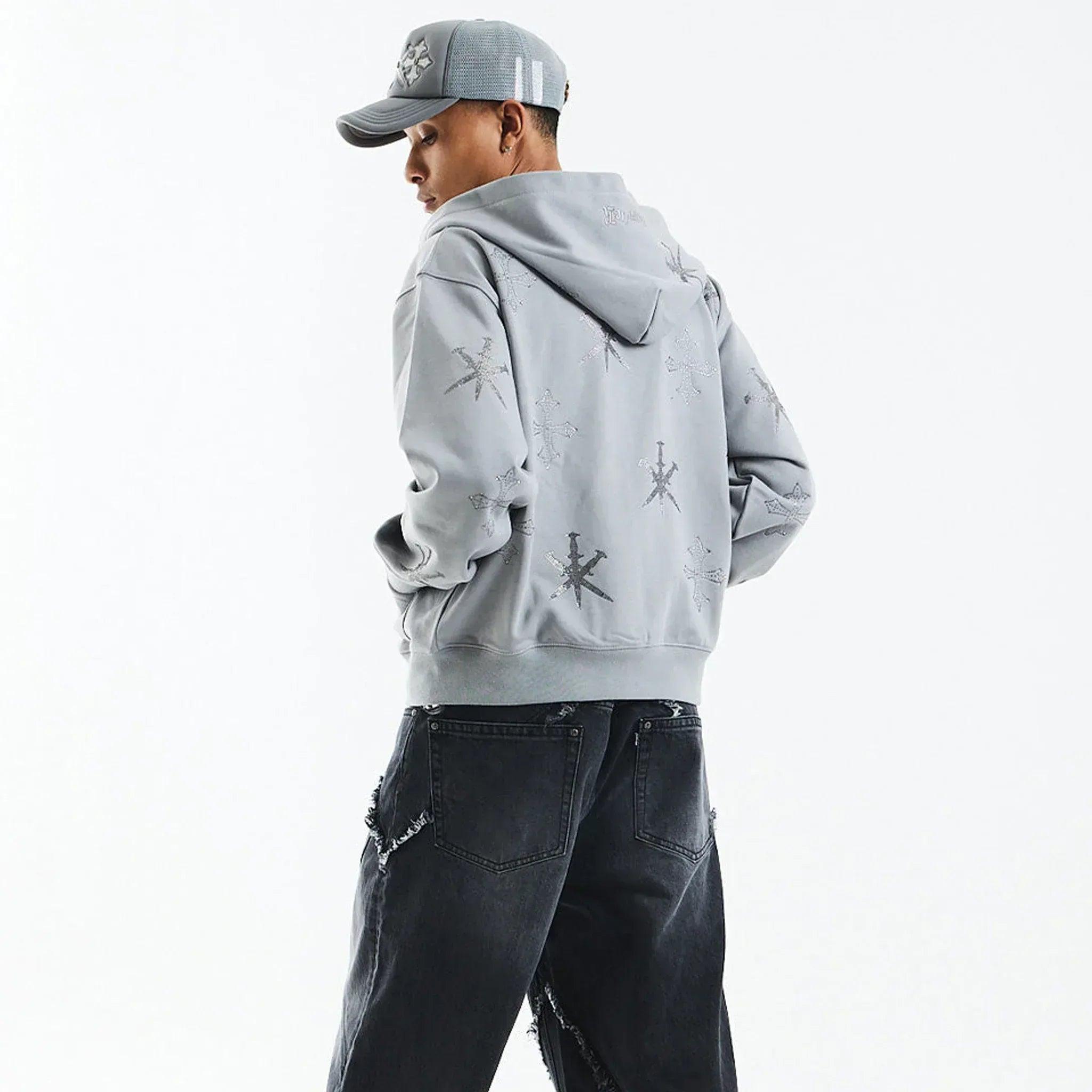 Dagger Cross Rhinestone Zip Hoodie - UNKNOWN LONDON - VENTURER