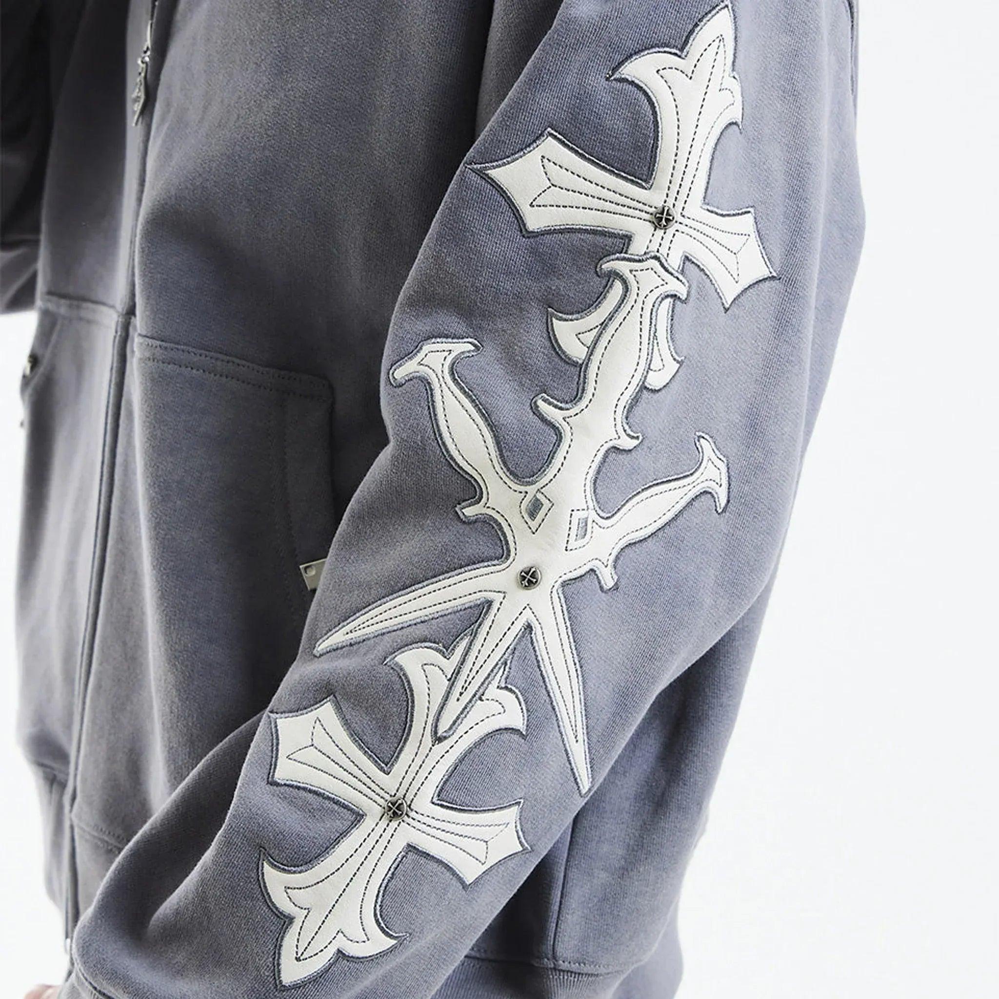 Dagger Cross Leather Patch Zip Hoodie - UNKNOWN LONDON - VENTURER