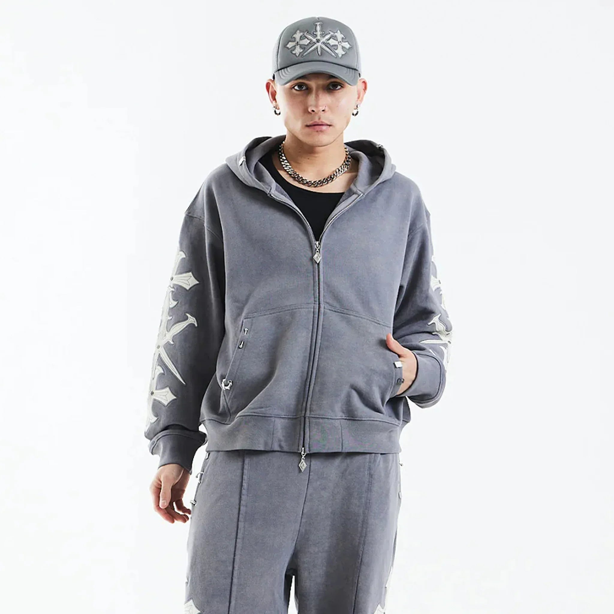 Dagger Cross Leather Patch Zip Hoodie - UNKNOWN LONDON - VENTURER