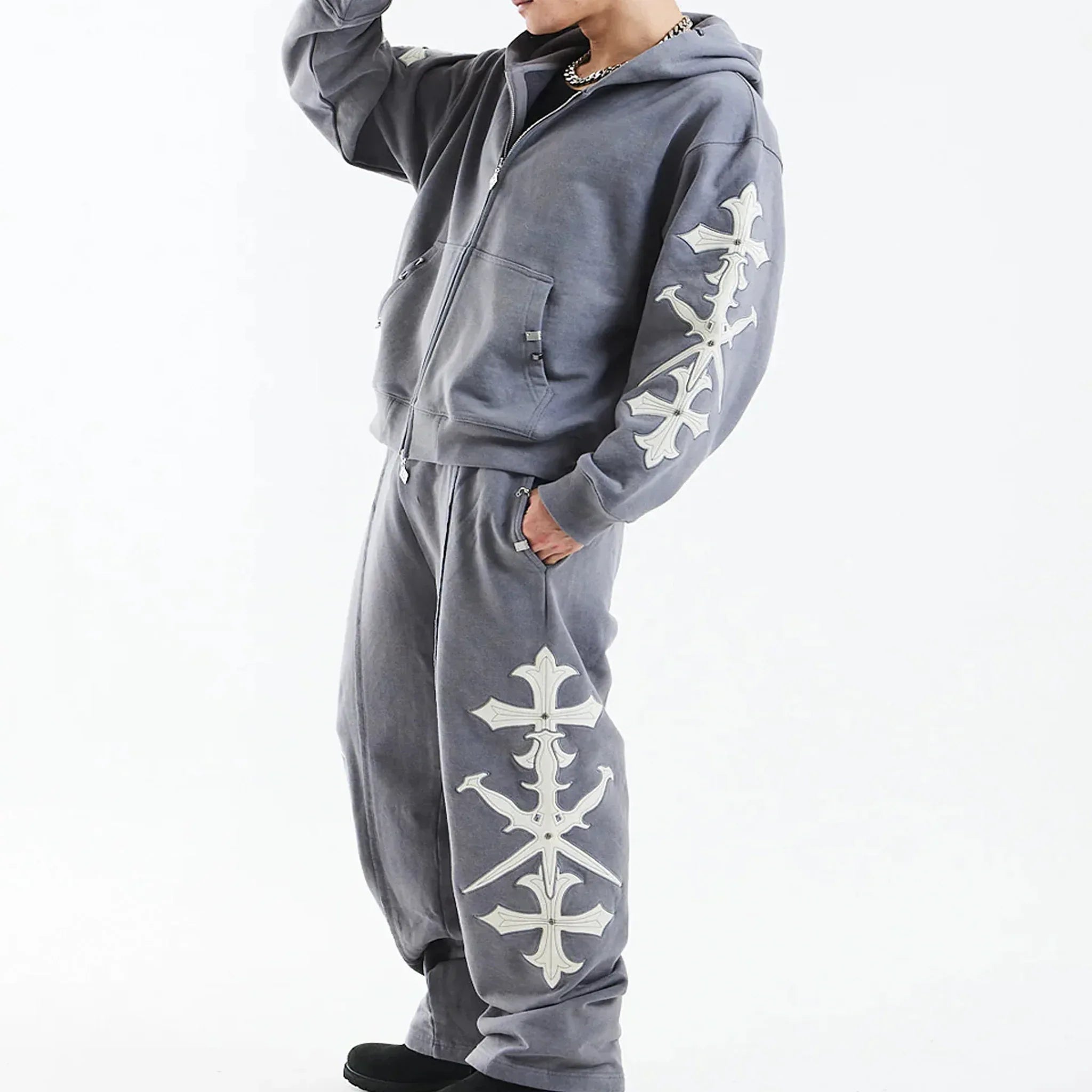 Dagger Cross Leather Patch Baggy Jogger Pants - UNKNOWN LONDON - VENTURER