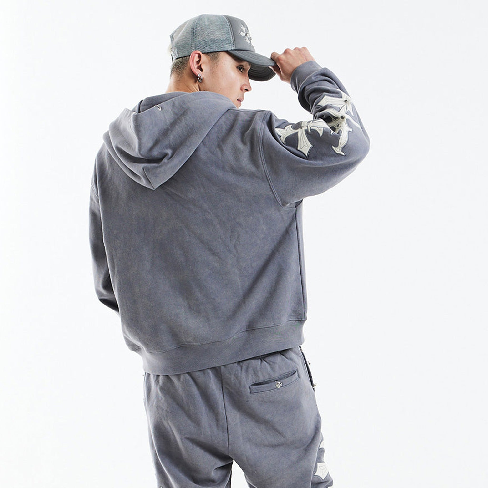 Dagger Cross Leather Patch Zip Hoodie