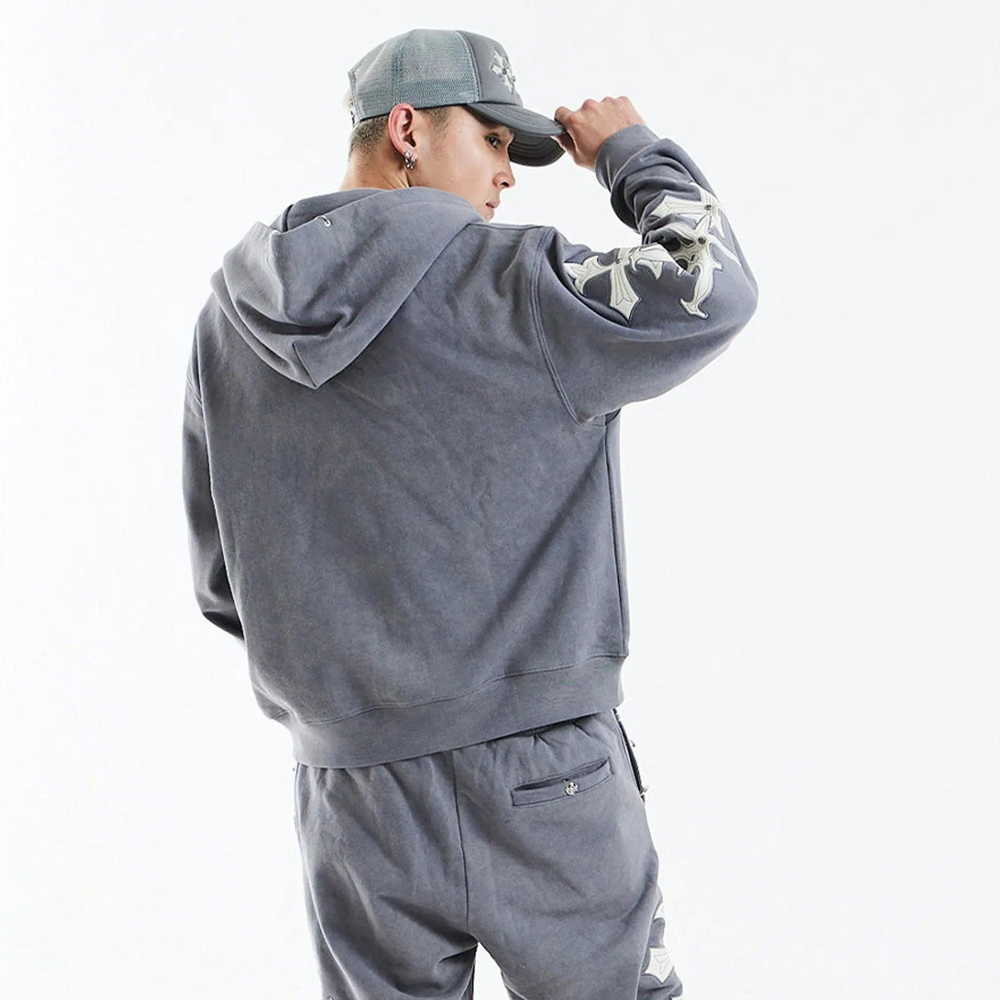 Dagger Cross Leather Patch Zip Hoodie - UNKNOWN LONDON - VENTURER