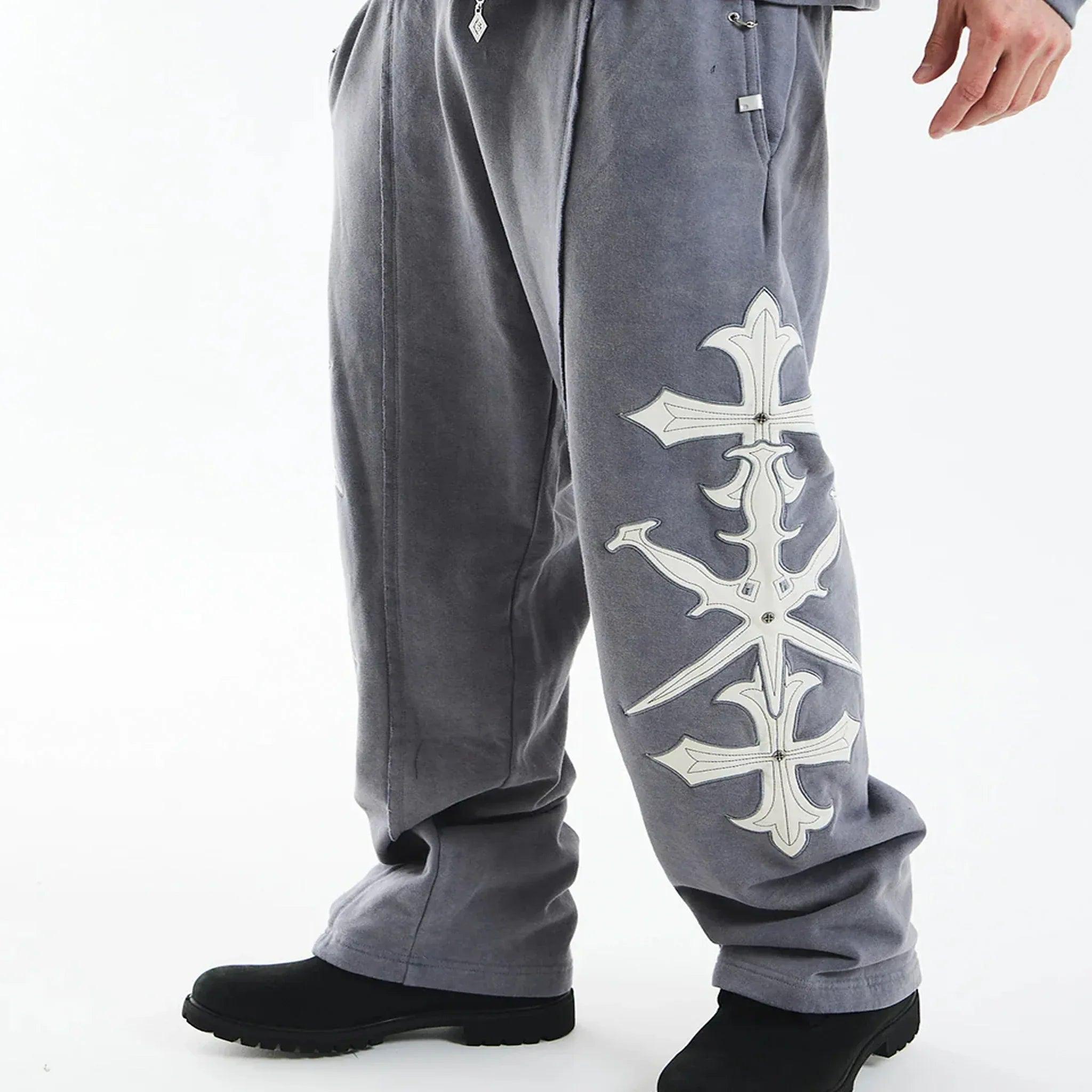 Dagger Cross Leather Patch Baggy Jogger Pants - UNKNOWN LONDON - VENTURER