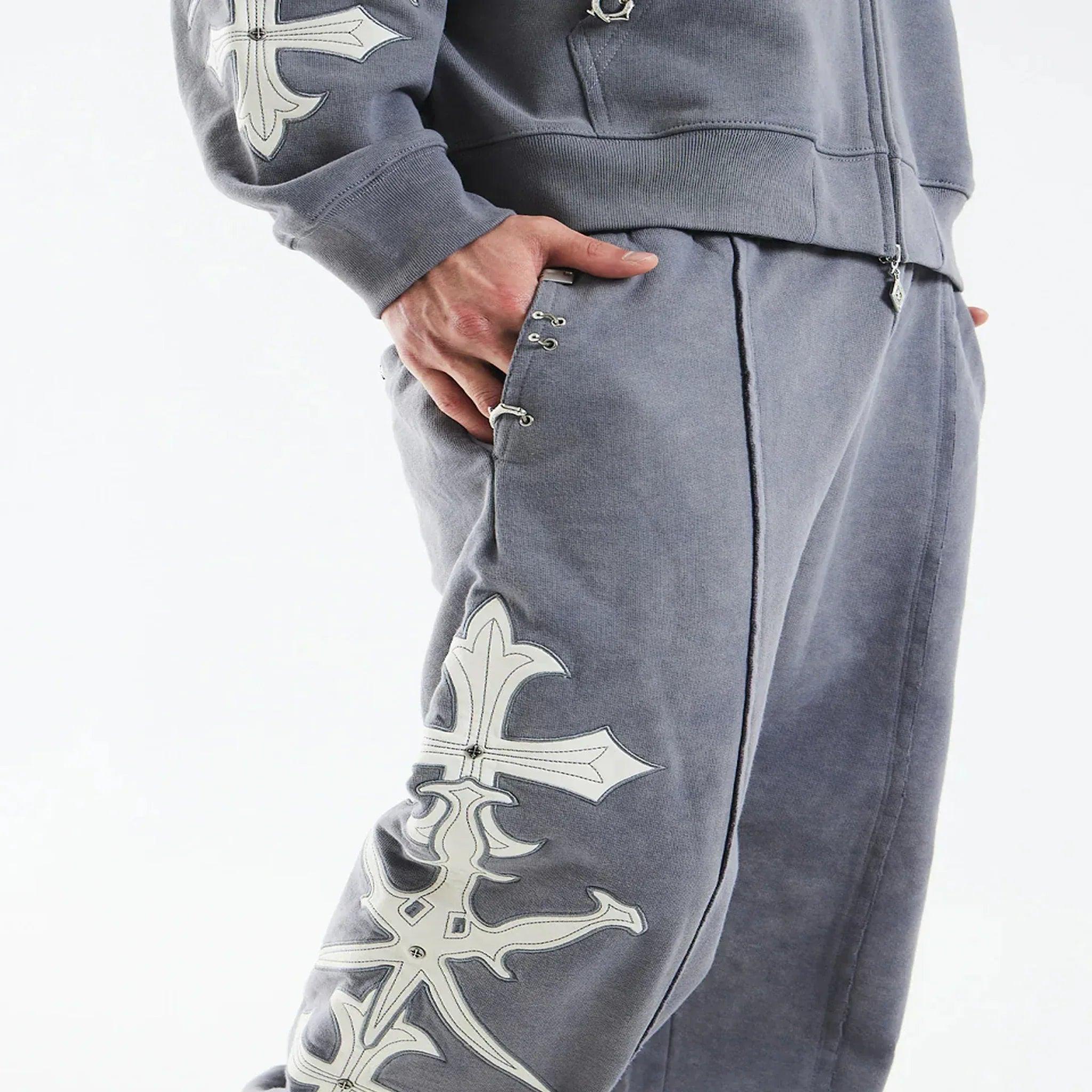Dagger Cross Leather Patch Baggy Jogger Pants - UNKNOWN LONDON - VENTURER