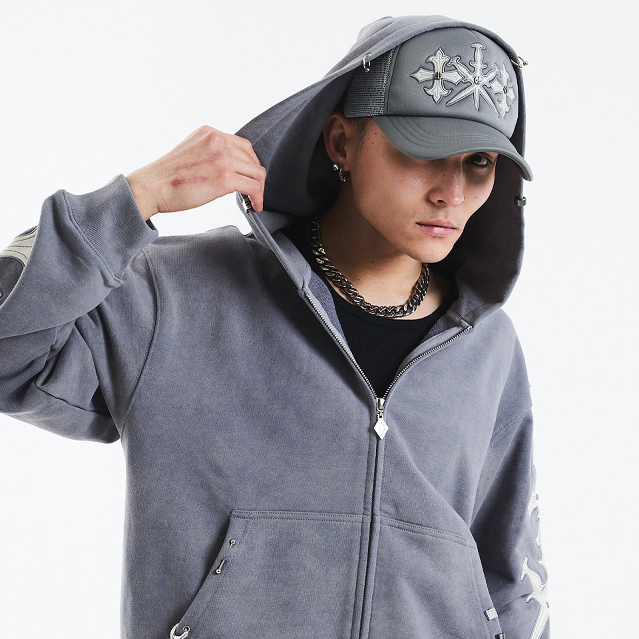 Dagger Cross Leather Patch Zip Hoodie