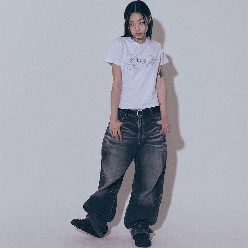 Embossed Wave Washing Wide Denim Pants