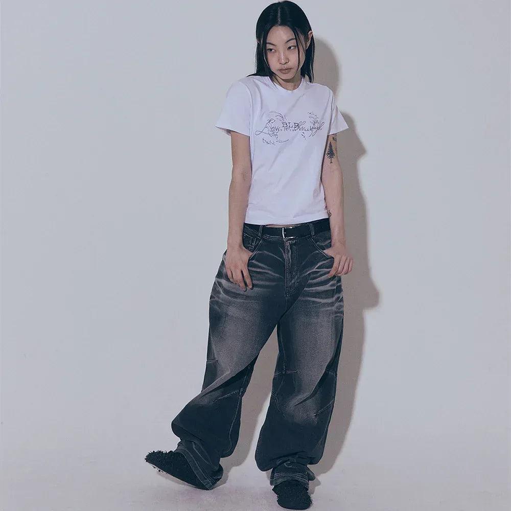 Embossed Wave Washing Wide Denim Pants - BLR BLUER - VENTURER