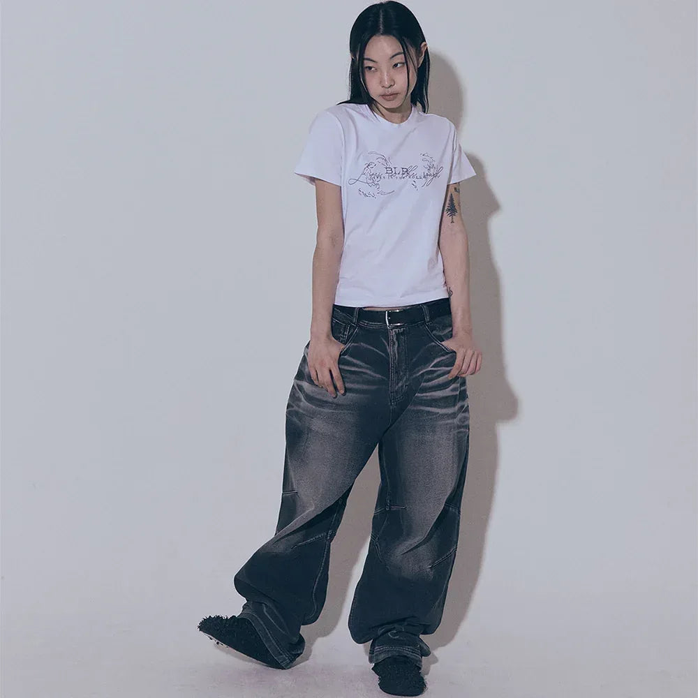 Embossed Wave Washing Wide Denim Pants - BLR BLUER - VENTURER