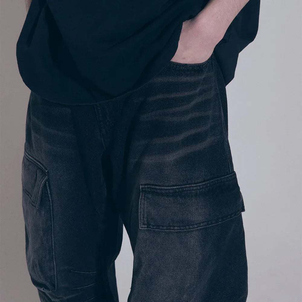 Curved Quad Cargo Washing Denim Pants - BLR BLUER - VENTURER