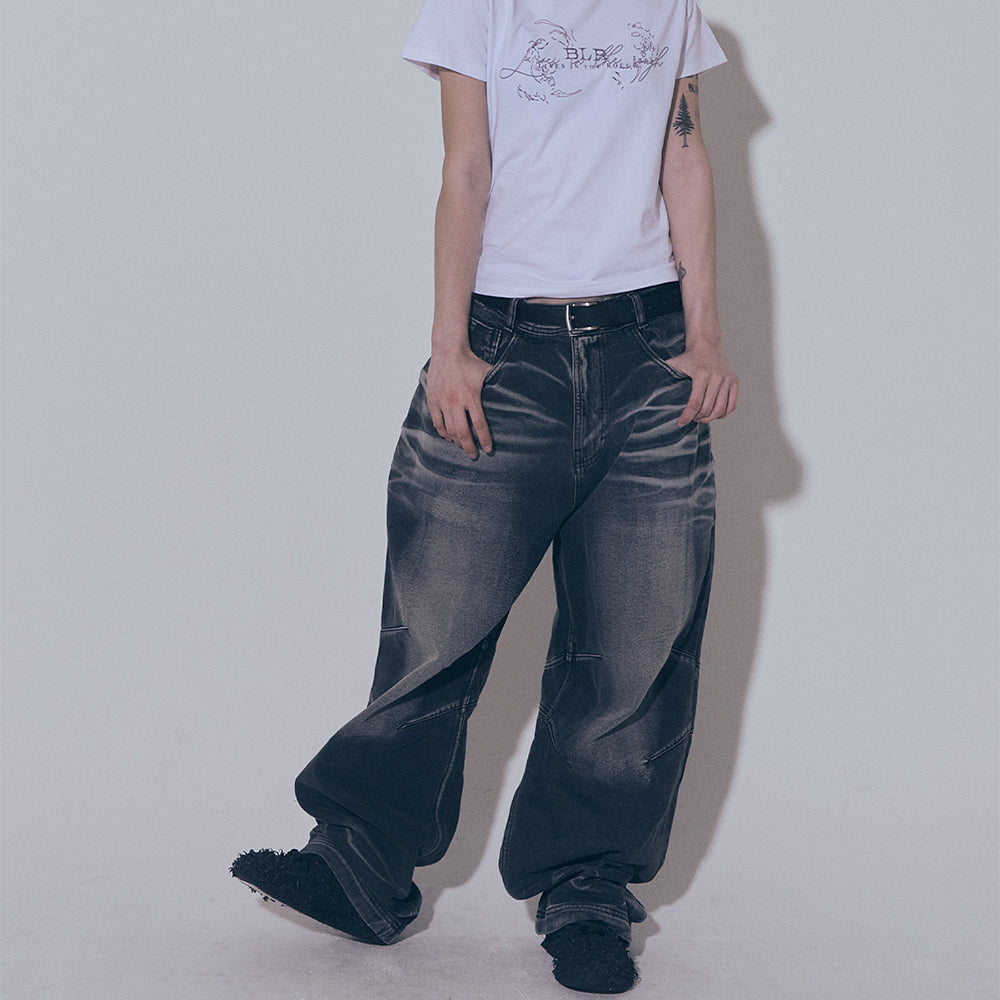 Embossed Wave Washing Wide Denim Pants