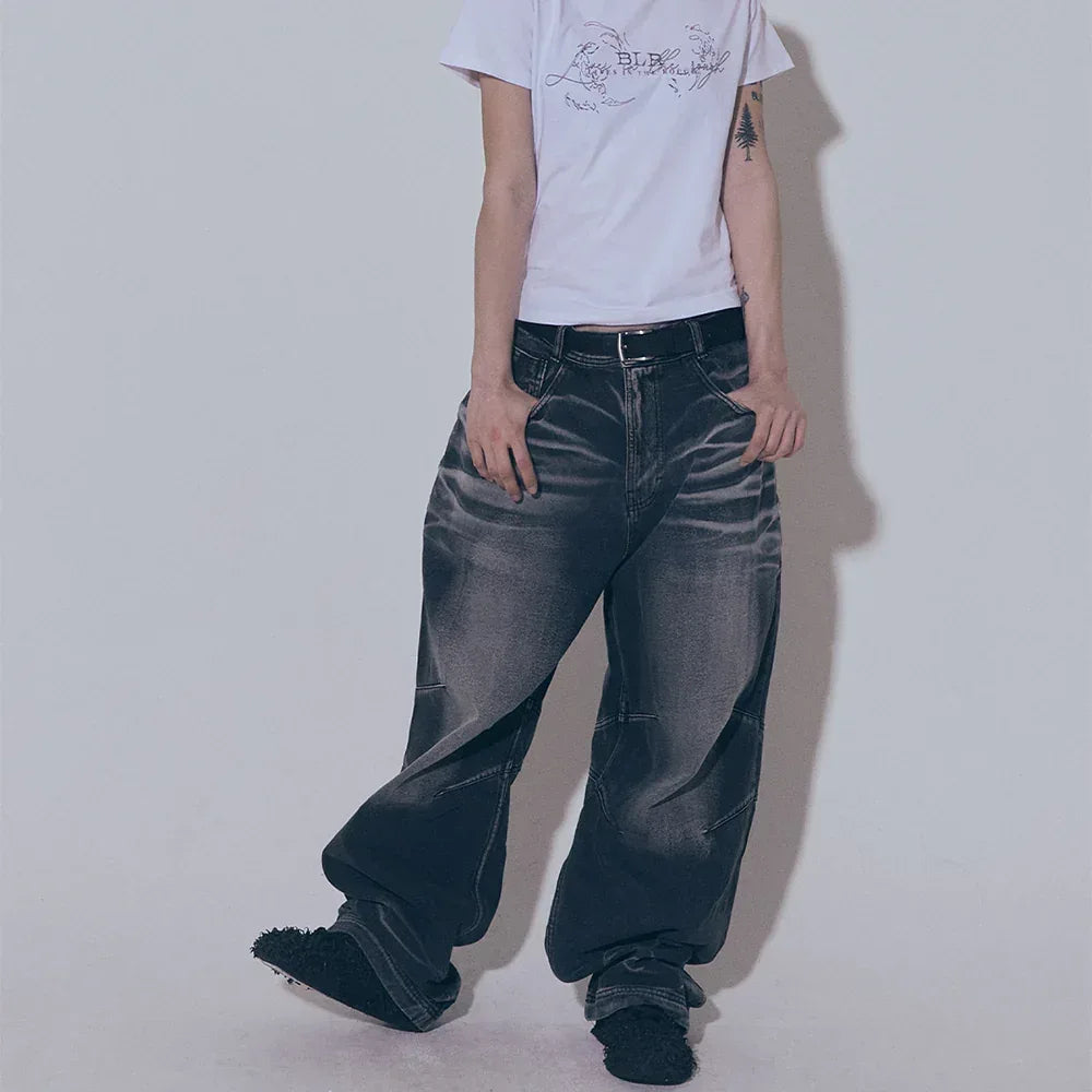 Embossed Wave Washing Wide Denim Pants - BLR BLUER - VENTURER