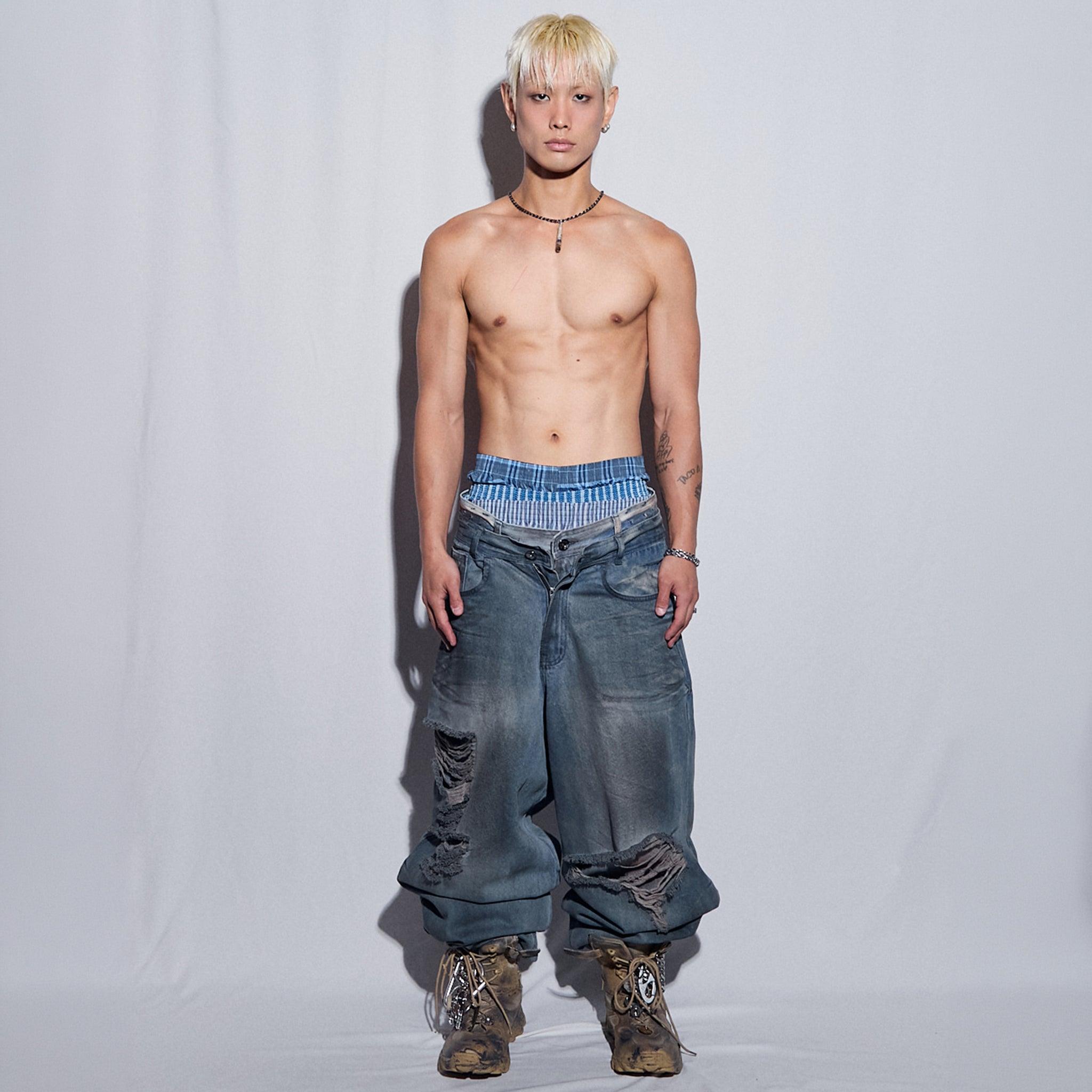 Destroyed Oil Washed Wide Denim Pants