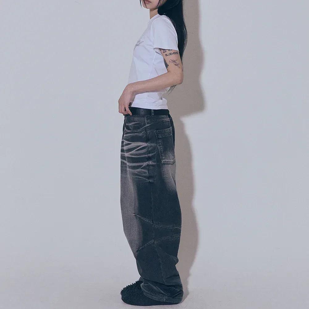Embossed Wave Washing Wide Denim Pants - BLR BLUER - VENTURER